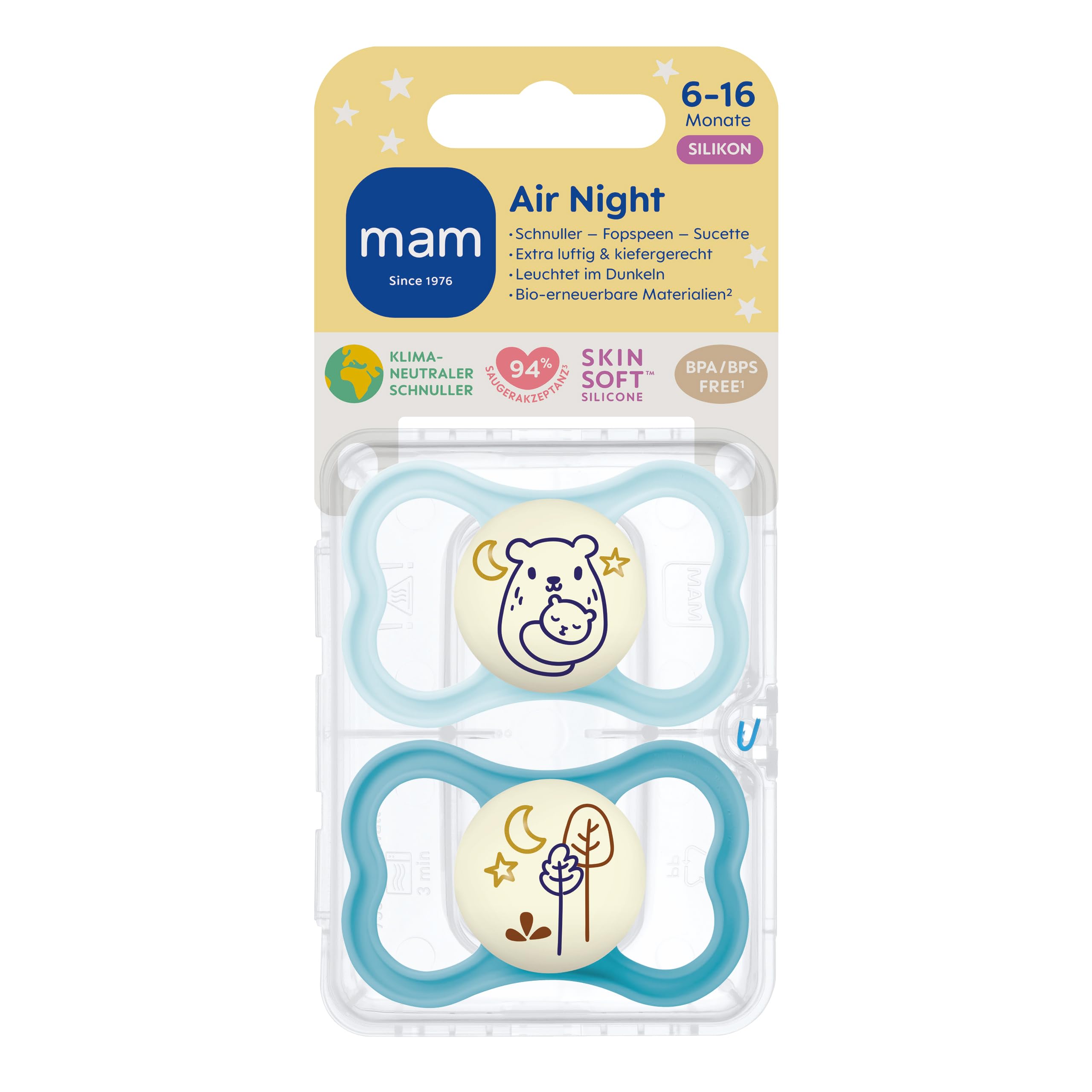 MAM Air Night silikonowy smoczek, przyjazny dla żuchwy, świecący dla niemowląt, bardzo lekki i przewiewny wzór z pudełkiem na smoczek, 6-16 miesięcy, niedźwiedź/drzewa, 2 szt