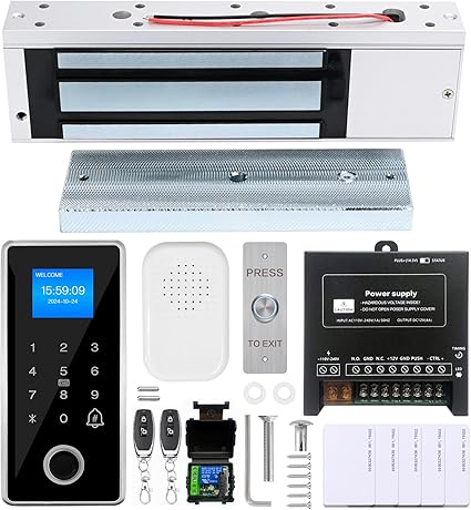 Waterproof Fingerprint Door Access Control System kit, Includes a 1200LB Magnetic Lock,RFID keypad, remotes, exit Button, Entry keypad, and a 110V AC to 12V DC Power Supply (Fingerprint-1200LB Kits)