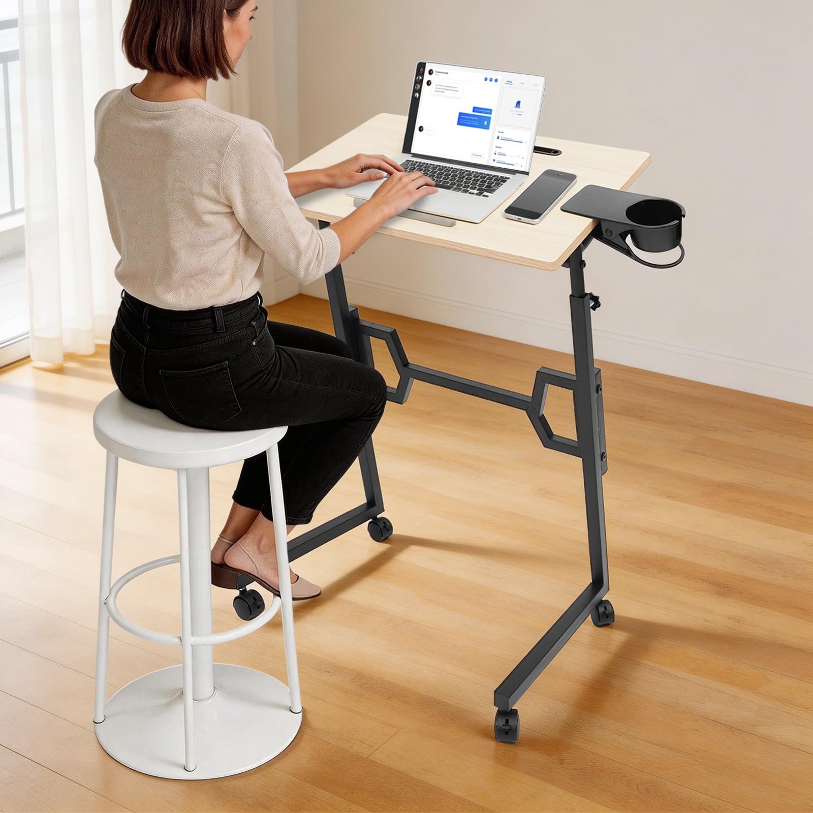 Laufband Schreibtisch mobil, 60×40cm Computertisch mit Rollen | Mobiler Arbeitstisch, Laptoptisch höhenverstellbar 74-106cm, mit Getränkehalter für Laufband, Büro und Zuhause