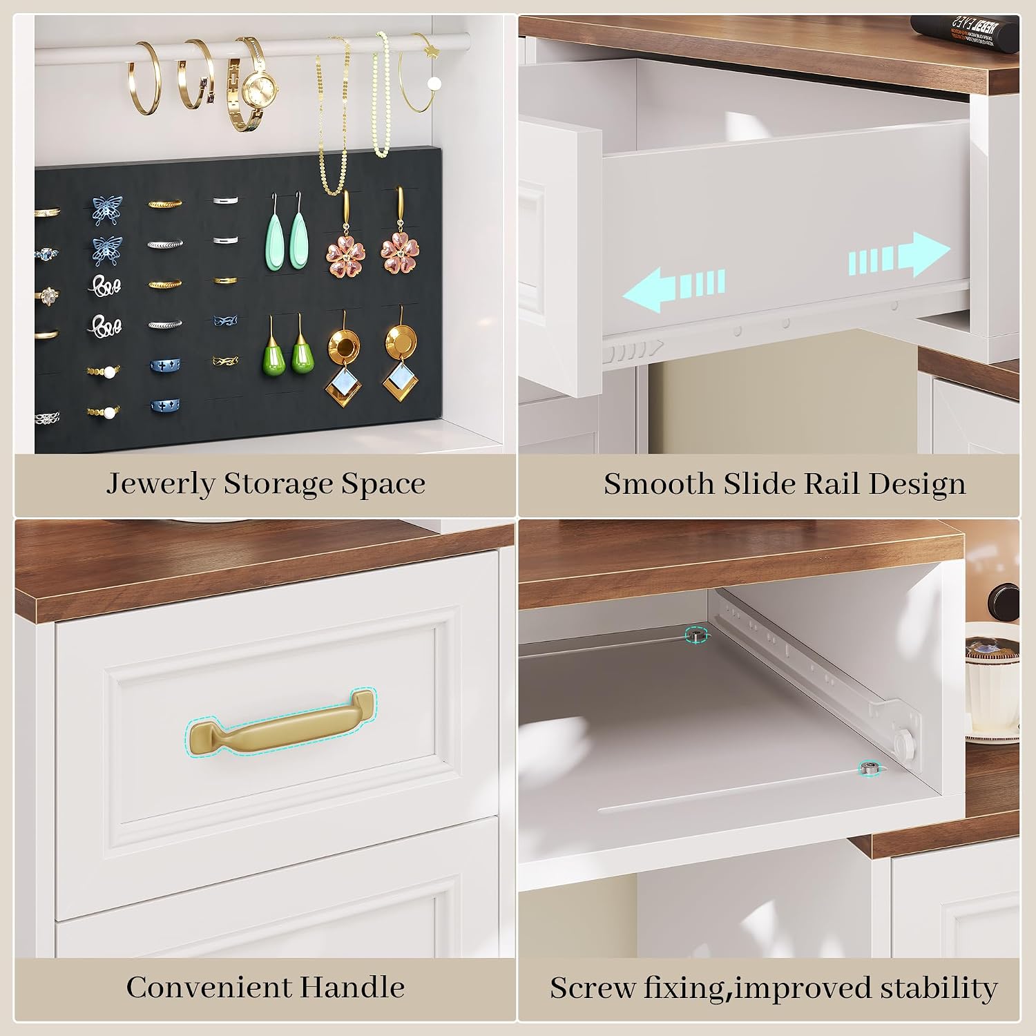 Collage of close-up images showing the jewelry storage space, smooth slide rail design of drawers, convenient handles, and screw fixing for improved stability.