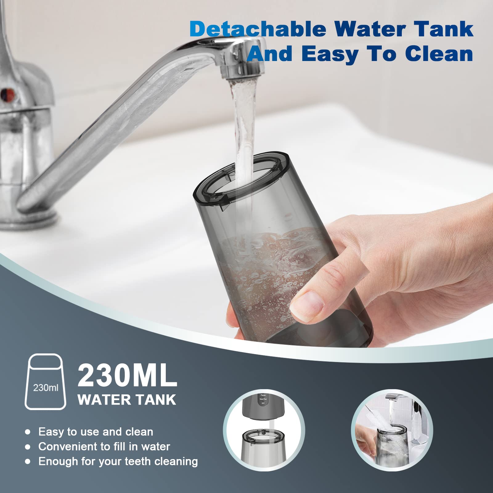 SURFOU Munddusche Kabellos Mundduschen 230ML 5 Modi 7 Düsen, Mundduschen Testsieger 2023 Reise Water Flosser IPX7 Wasserdicht USB TYP-C wiederaufladbar für Reisen & Hause