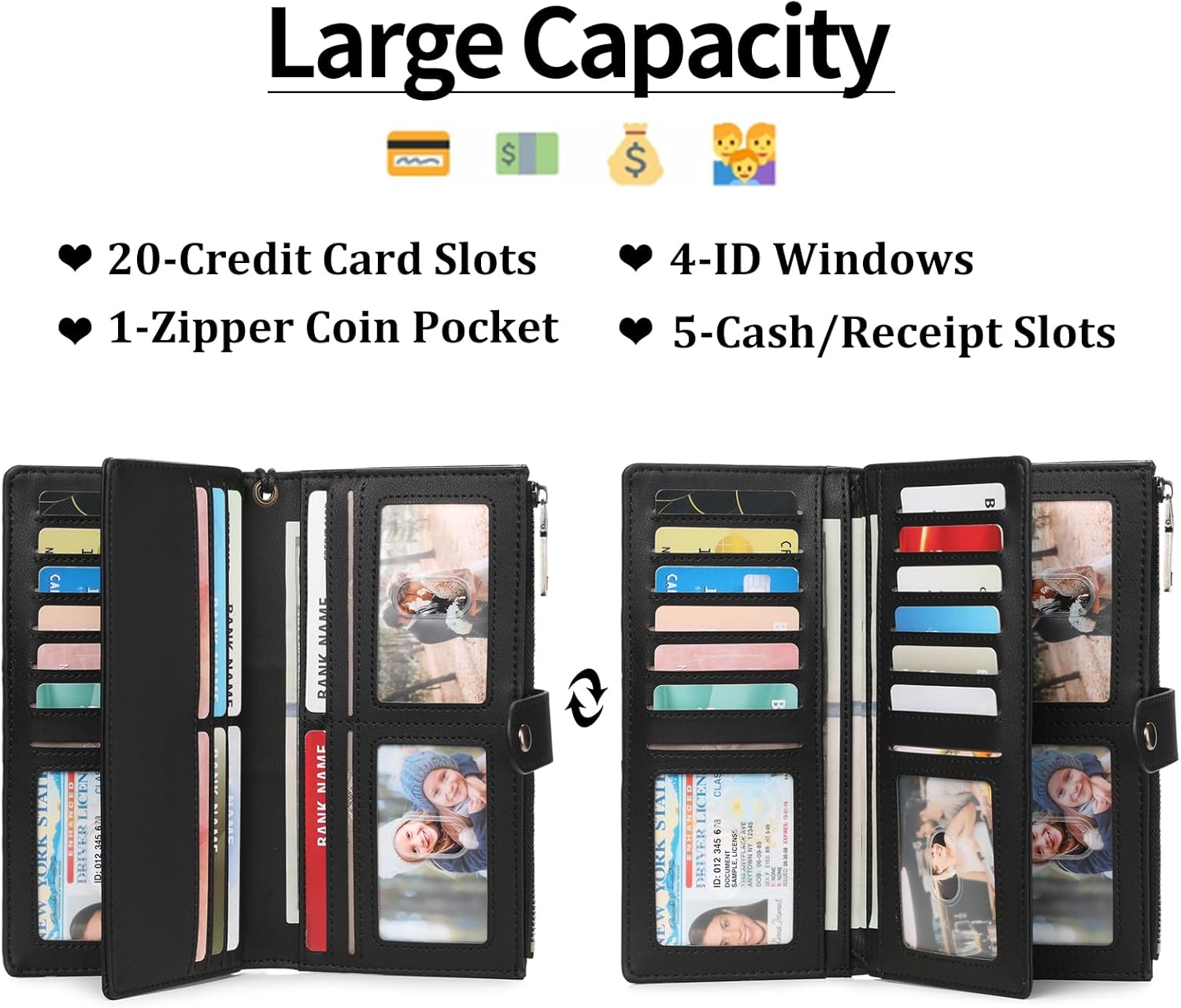 GAEKEAO Wallets for Women Leather RFID Blocking Large Capacity Card Case Ladies Wristlet Clutch Wallets Zipper Pocket with 4 ID Windows 20 Card Slots - Image 2