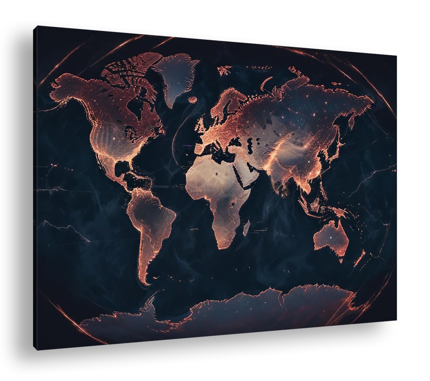 Mapamundi luminoso en la oscuridad, los continentes brillan como venas brillantes de la tierra. Formato: 60 x 40 cm como lienzo, diseño enmarcado en marco de madera auténtica, impresión digital de