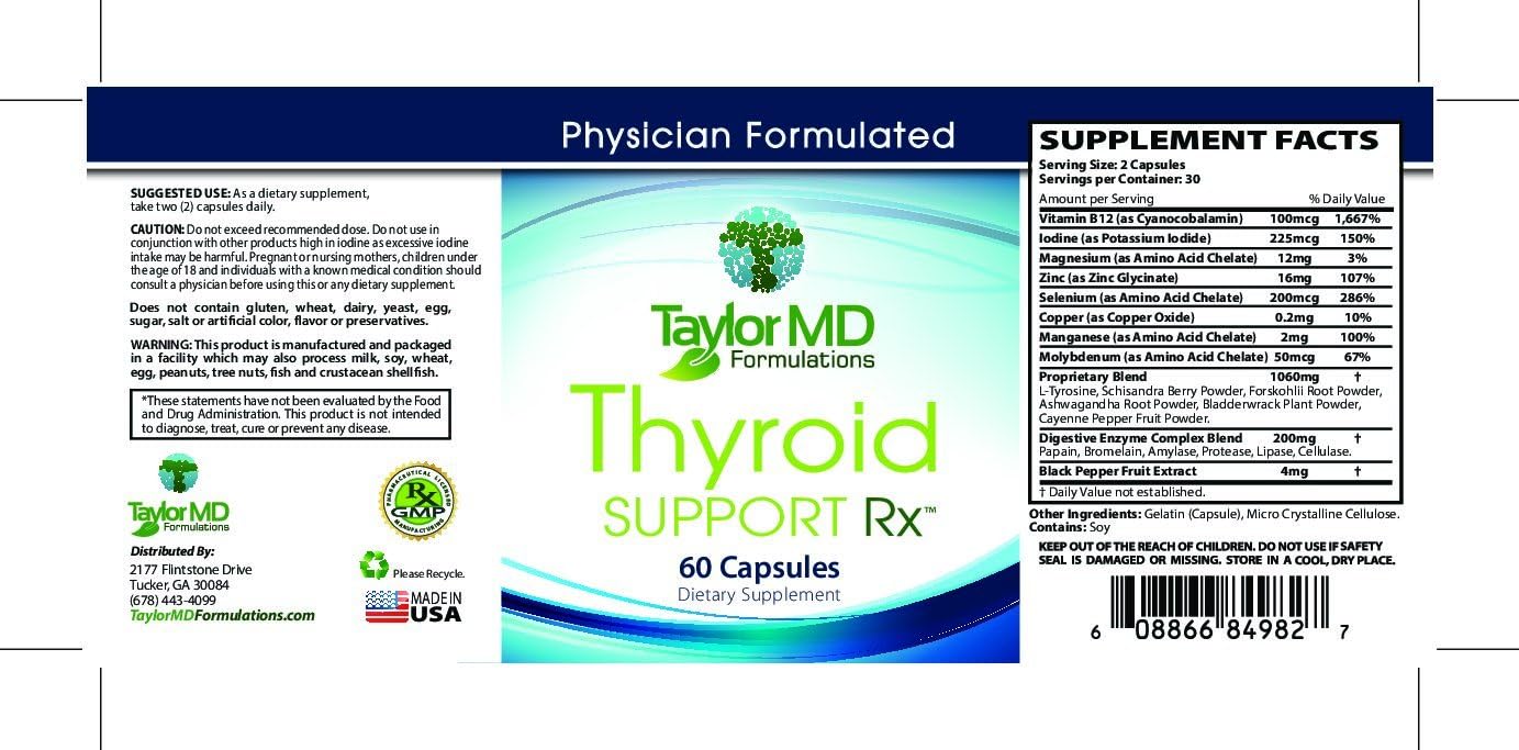Thyroid Supplement Rx – Natural Blend of Iodine, Tyrosine, Schisandra, Coleus Forskohli, Ashwagandha and More – Best Mix of Thyroid Metabolism - Physician Formulated & Clinically Tested – Guaranteed By Taylor MD Formulations. : Health & Household