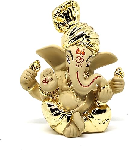 Miniatura 2 de Pagdi Ganesh/Ganpati/Ganesha - Estatuilla de ídolo chapada en oro de terracota Puja, Dios del éxito, la prosperidad, buena suerte para tablero de