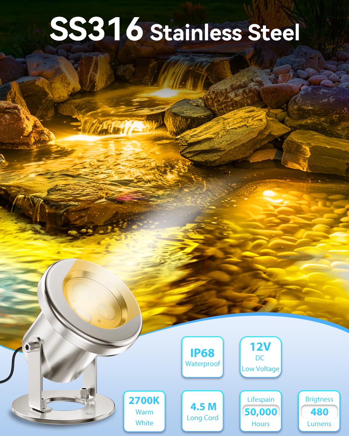 6W Luci per Laghetto 2700K, Acciaio Inossidabile SS316 Faretti per Laghetto Faretti per Laghetto con Cavo 4,5M, IP68 Luci Laghetto Immersione per Fontana, Cascata, Laghetto da Giardino
