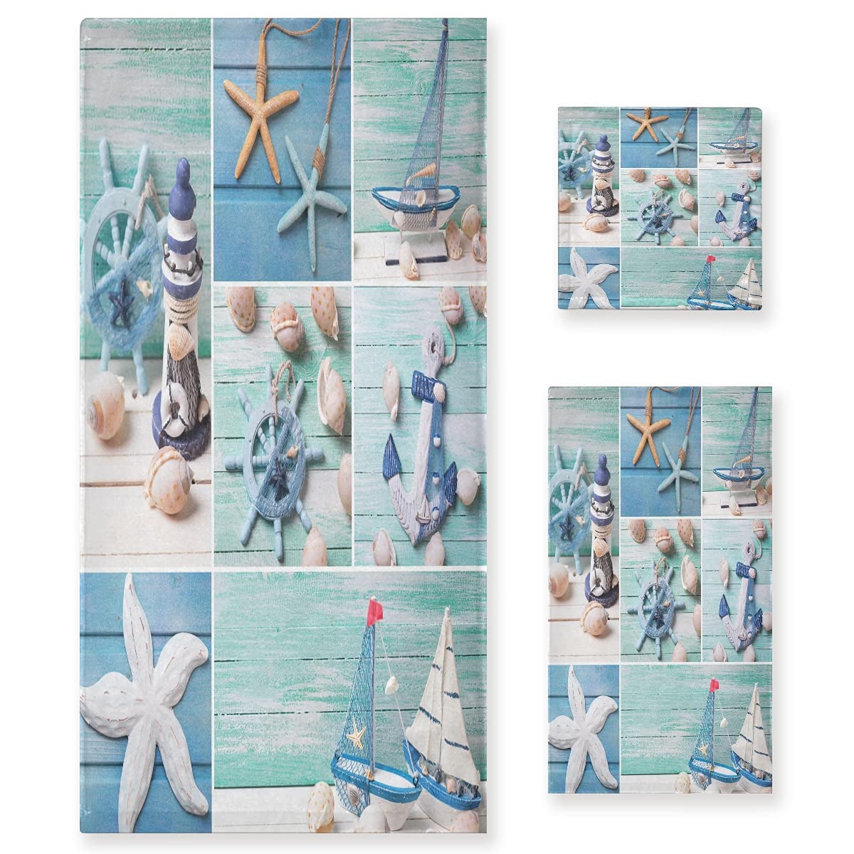 ALAZA Starfish Seashell Lighthouse Anchor Soft 3 Piece Bath Towels Set for Bathroom Spa Hotel, 1 Bath Towel+ 1 Hand Towel+ 1 Washcloth