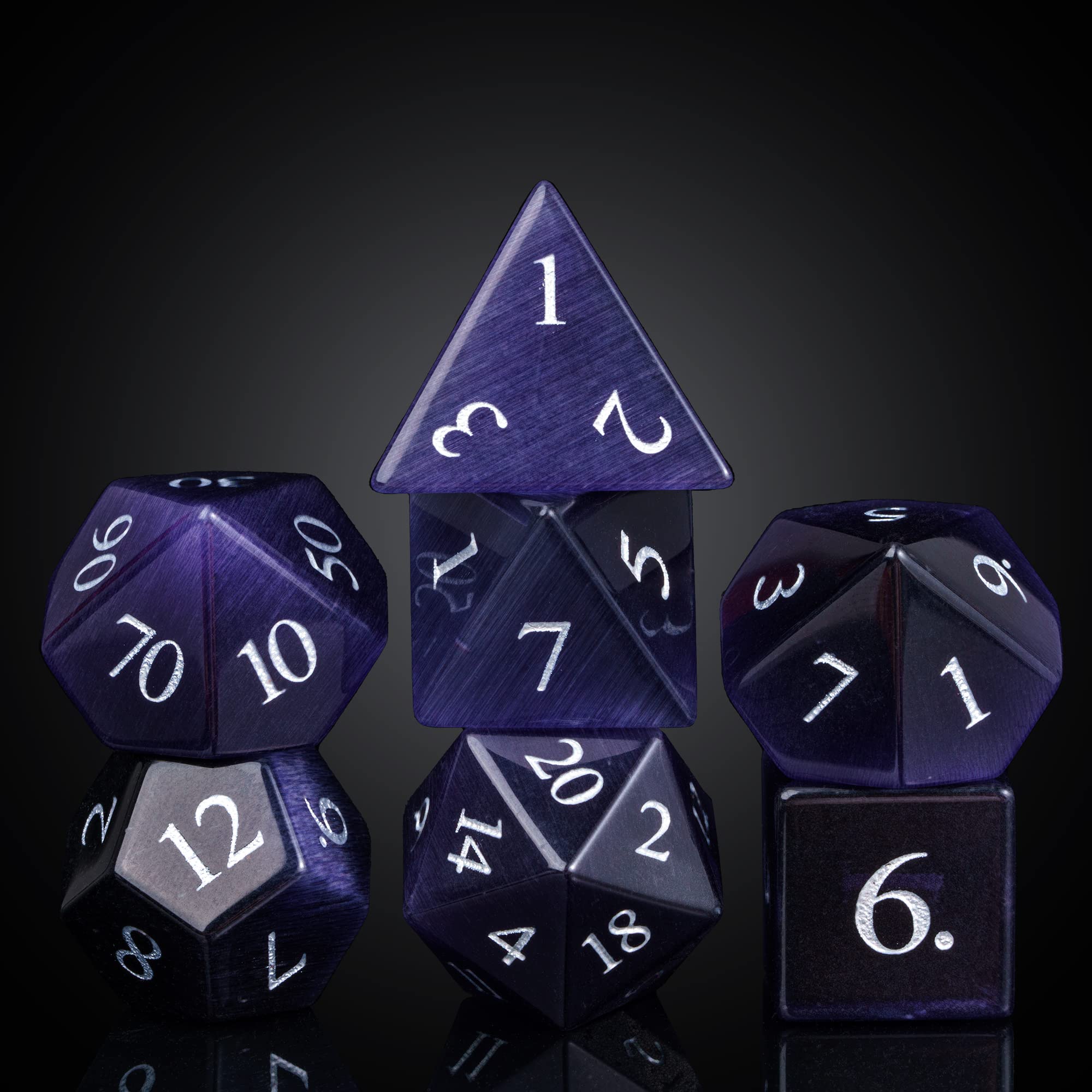 UDIXI Juego de dados de piedras preciosas naturales, 7 dados DND de cristal para mazmorras y dragones, dados D&D hechos a mano para juegos de mesa MTG (ojo de gato morado oscuro)