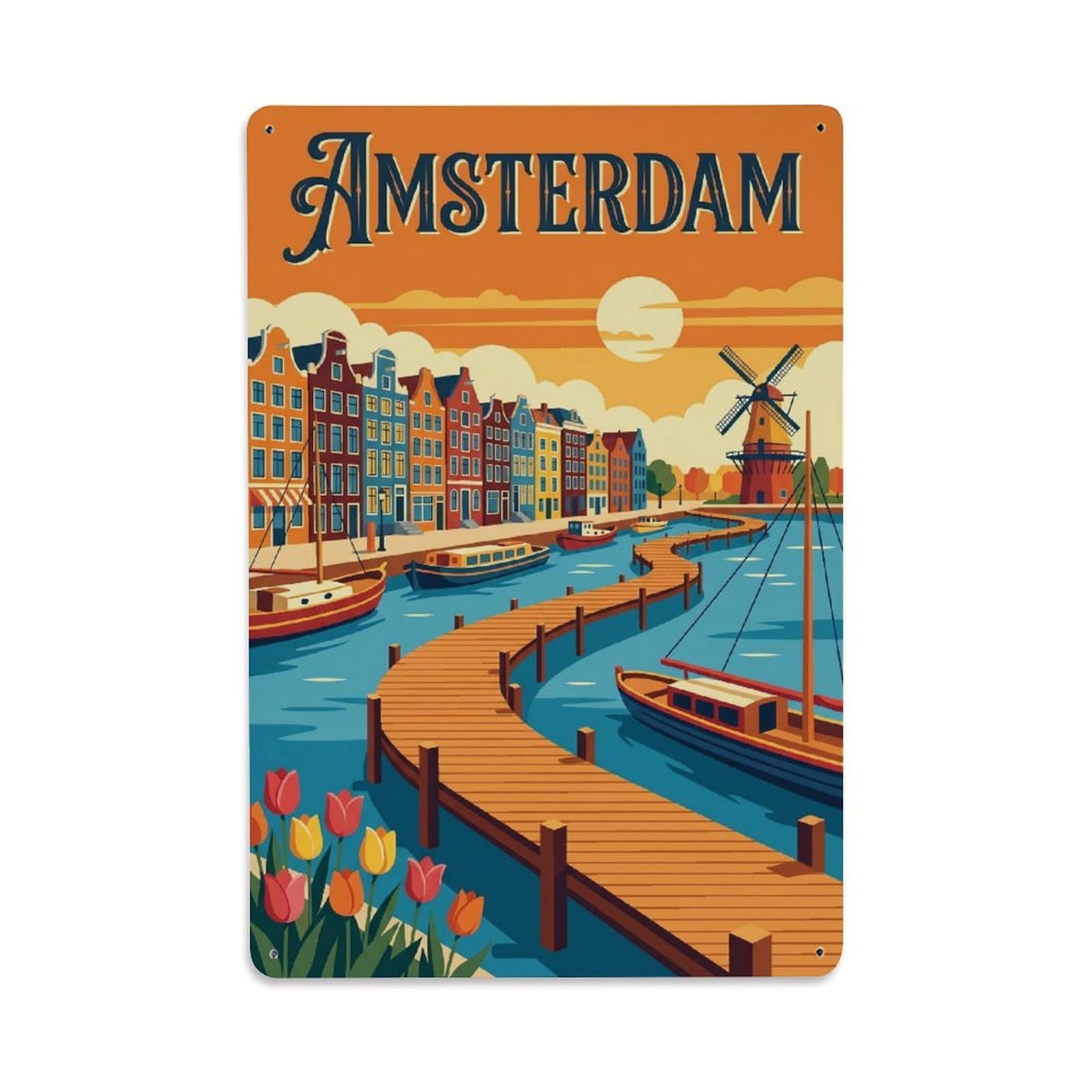 Okngb Style Retro Wooden Boardwalk Canal Amsterdam Harbor Travel Metal Tin Sign Plaque Wall Decor For Cafe, Man Cave, Club Bar, Office, Home Garden Round Metal Poster 8X12inch