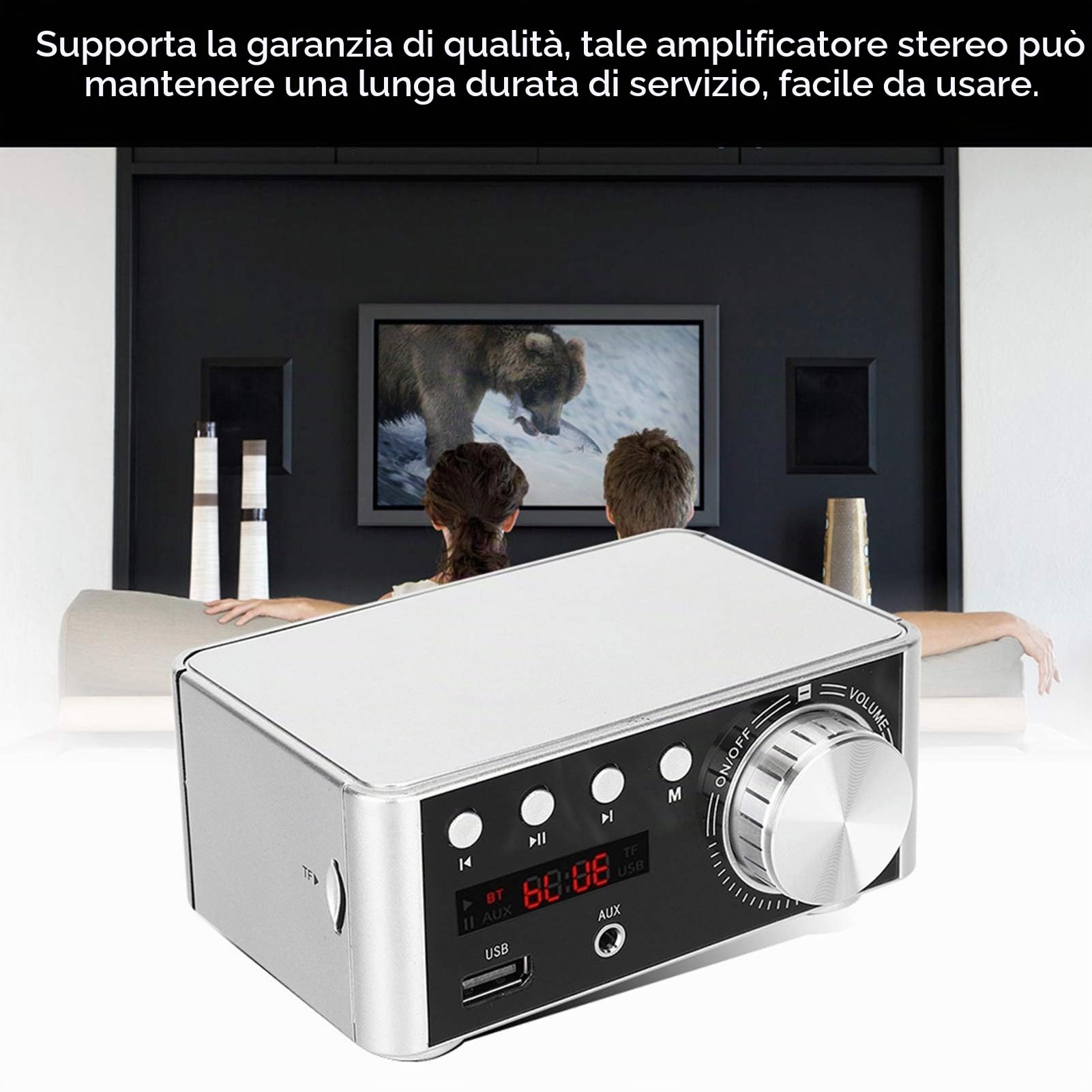 Amplificatore Stereo Bluetooth 5.0 Classe D 2 Canali 50W x 2 con Lettore USB Nero Alimentazione DC 9-24V