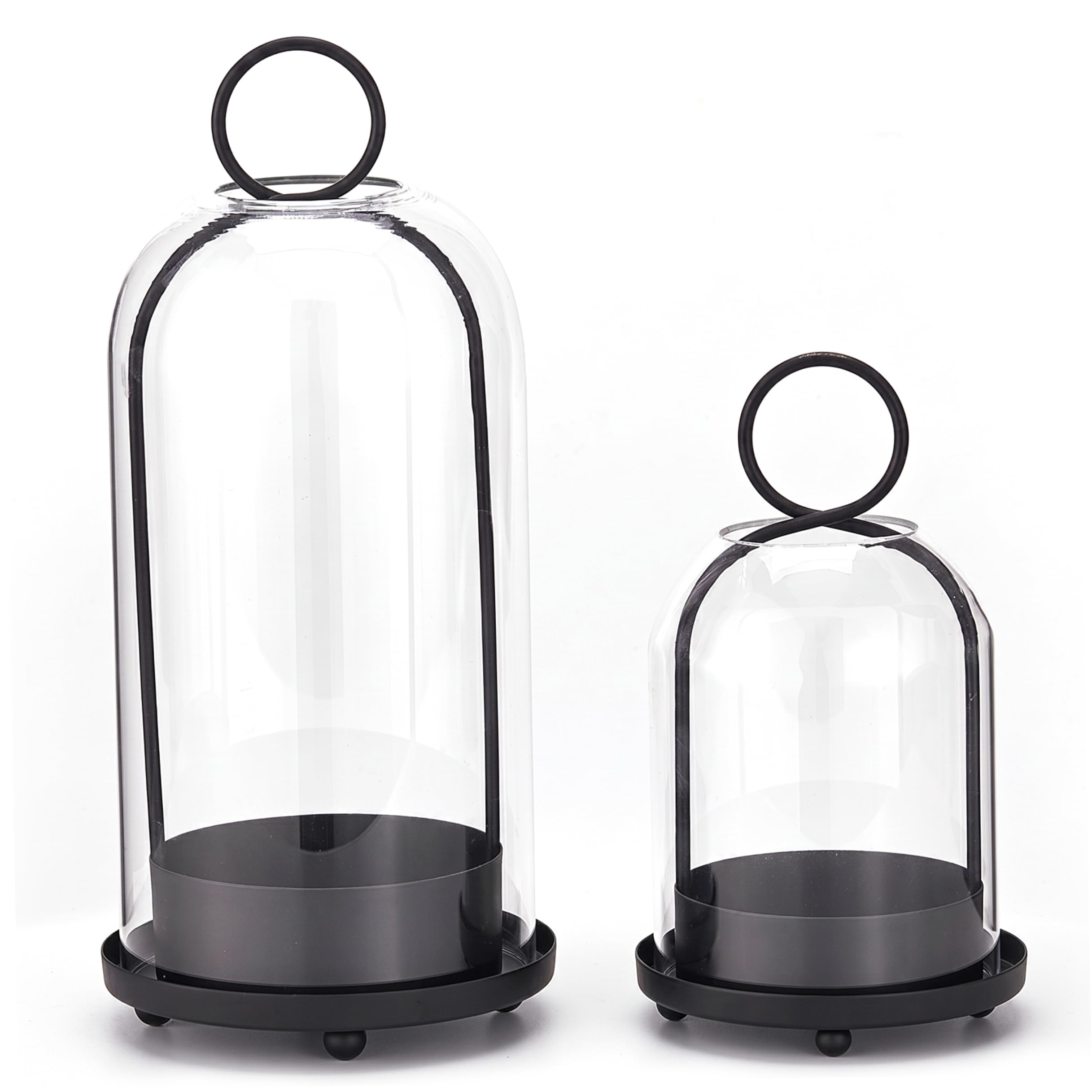 Juego de 2 portavelas de Cristal Hurricane, de Mesa o Colgantes, de Metal Negro y Cristal Transparente para Velas de Pilar..