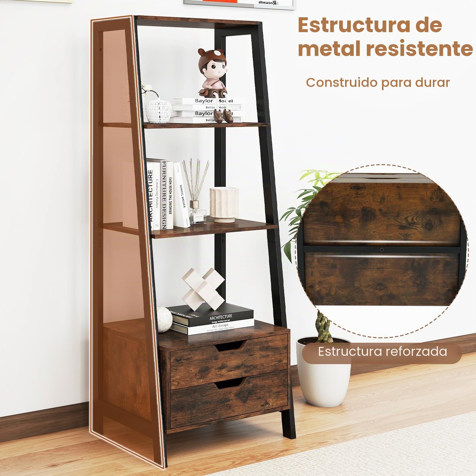 HOMASIS Librería Escalera de Madera con Patas, Estantería Mural con 2 Cajones, Mueble de Almacenamiento con Estantes Escalonados para Dormitorio, Salón, Despacho, 52 x 40 x 134 cm (Marrón)