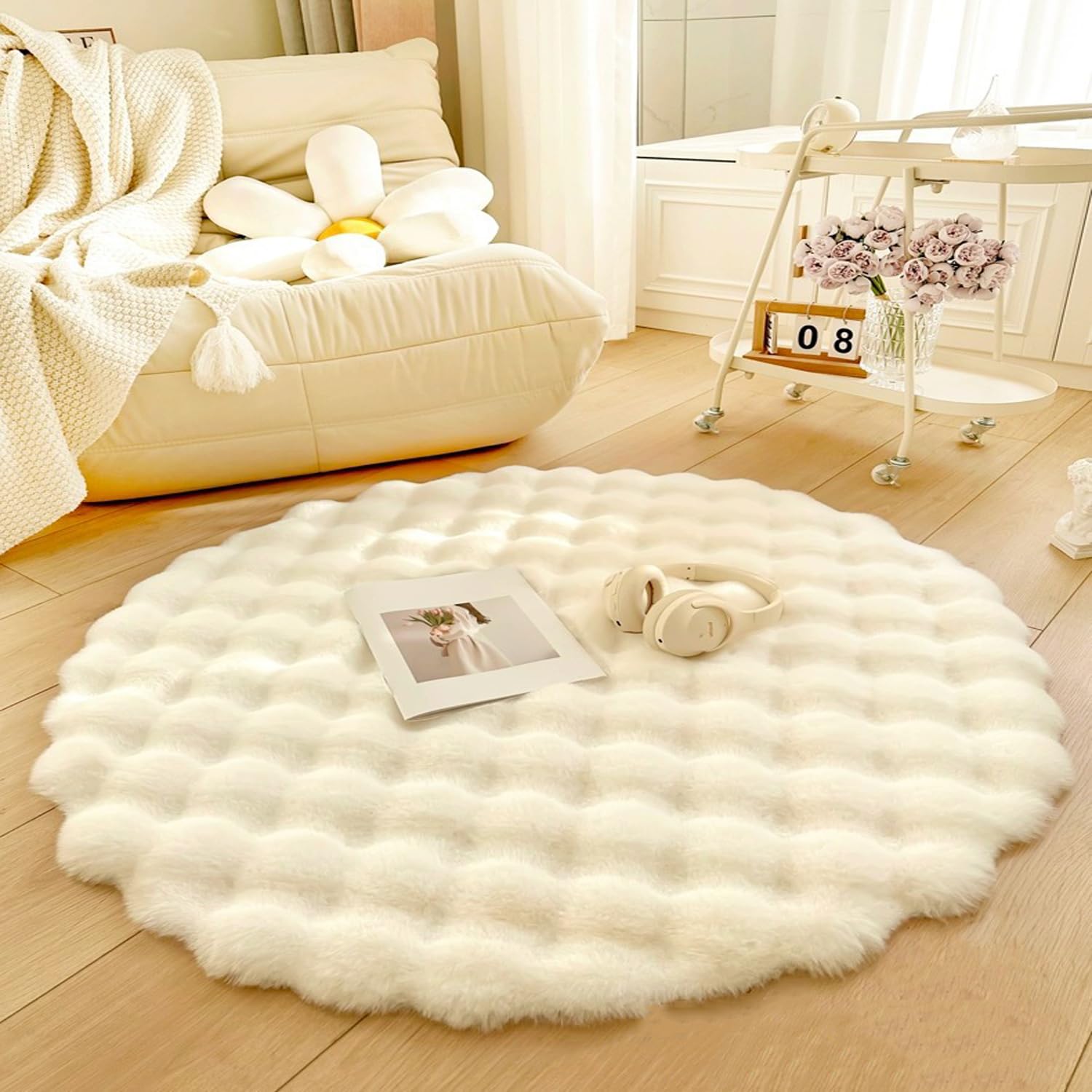 Tappeto rotondo soffice per camera da letto, decorazione domestica, moderno, bianco, 170 cm, perfetto per comodino e spazi abitativi accoglienti