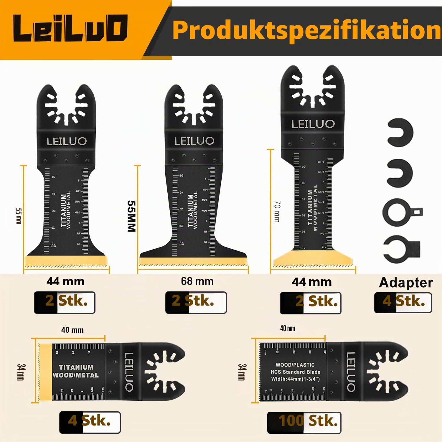 LEILUO 110 tlg Multitool Sägeblätter Set Titan Extra-Lang & Breit Oszillierende Sägeblätter für Holz Gipskarton Nägel Universal Zubehör mit Aufbewahrungstasche Kompatibel mit DeWalt Makita u. a. | 100 Karbonstahl & 10 Titan, extra lang & breit, Holz Metal