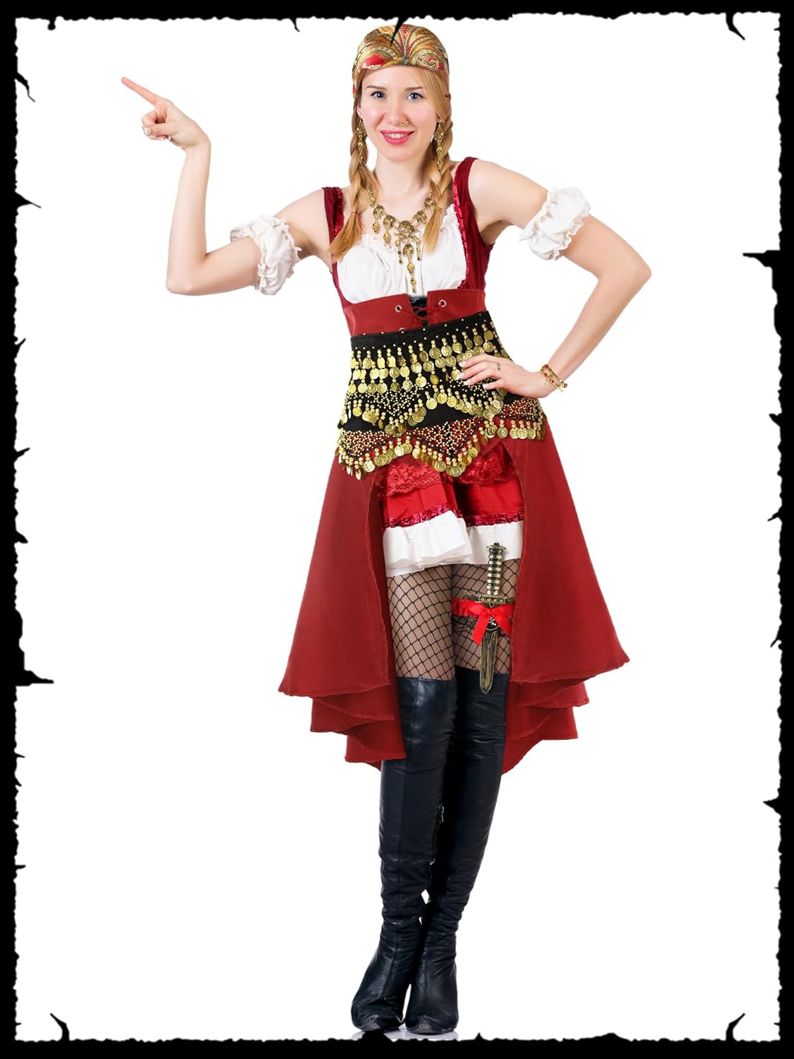 10 Pcs Women Pirate Costume Accessories Halloween Pirate Outfit Adult with Head Scarf Skirt Nose Ring Necklace Earrings Bracelets Rings Thigh Garter Gold Coins Belly Dance Hip Scarf Pantyhose