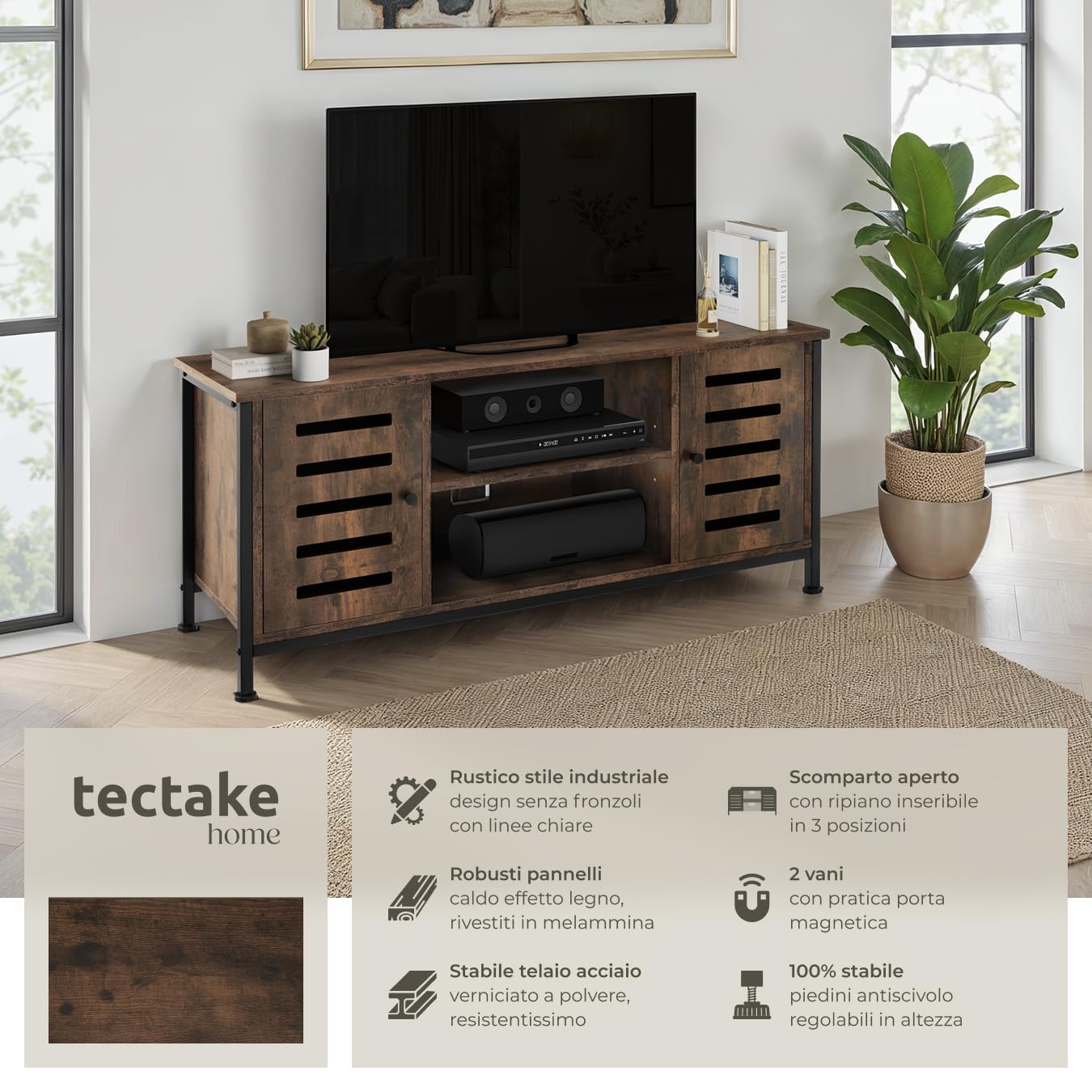 tectake 801106 Mobile da TV Carlow, 2 ripiani con porta, Piedi in plastica regolabili in altezza