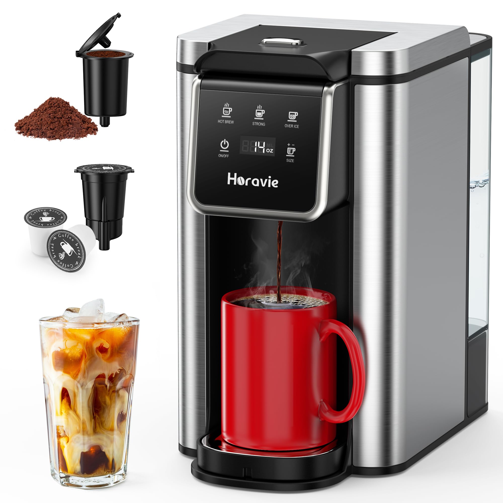 single serve coffee maker for k-cup pod and grounds hot and iced coffee maker strong button feature 6 to 14oz brew sizes 50oz removable reservoir up to 65 inch cup stainless steel black