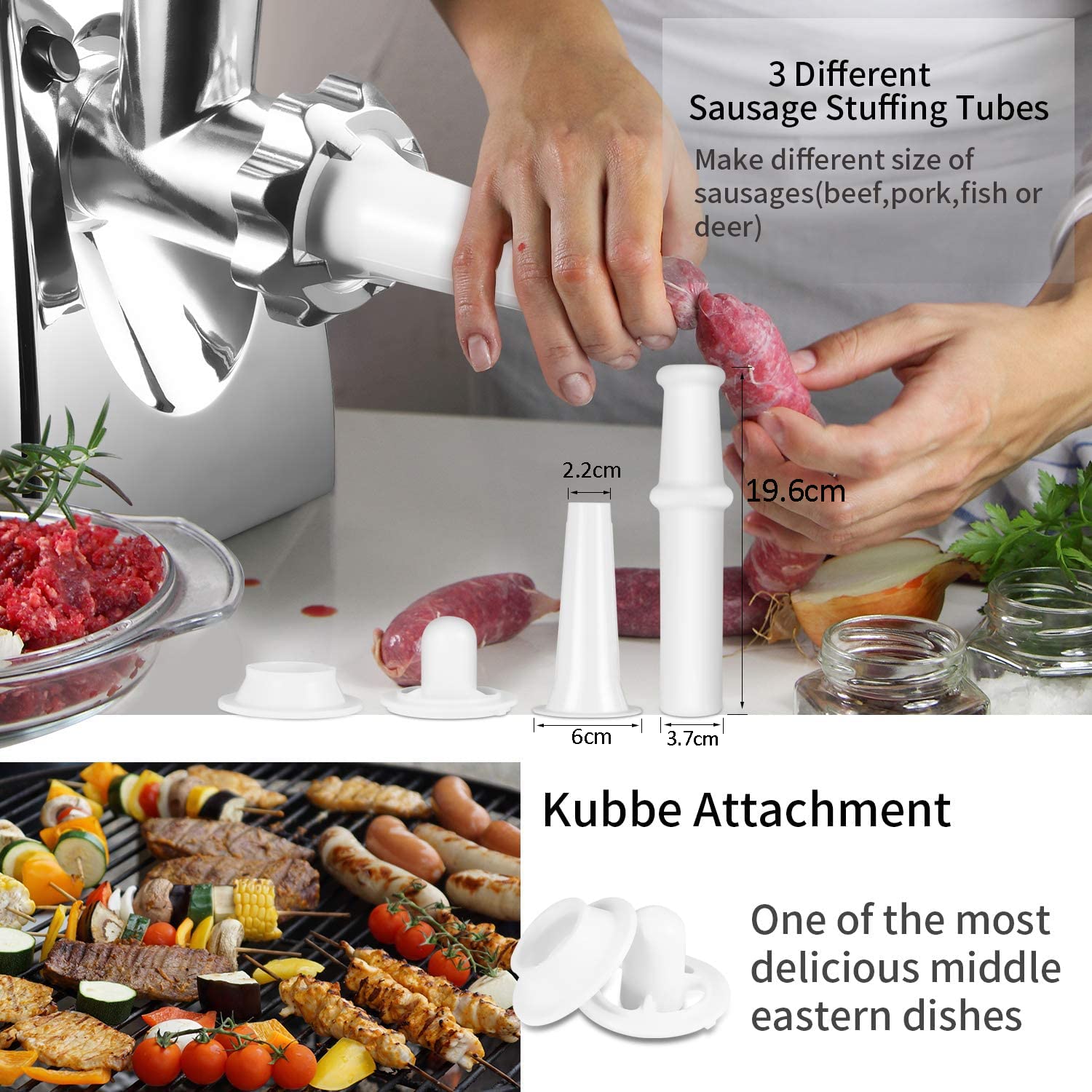 Naitesen 3000W Electric Meat Grinder & Sausage Stuffer - #10 Size, 3 Grinding Plates, 3 Stuffing Tubes, Kubbe Kit