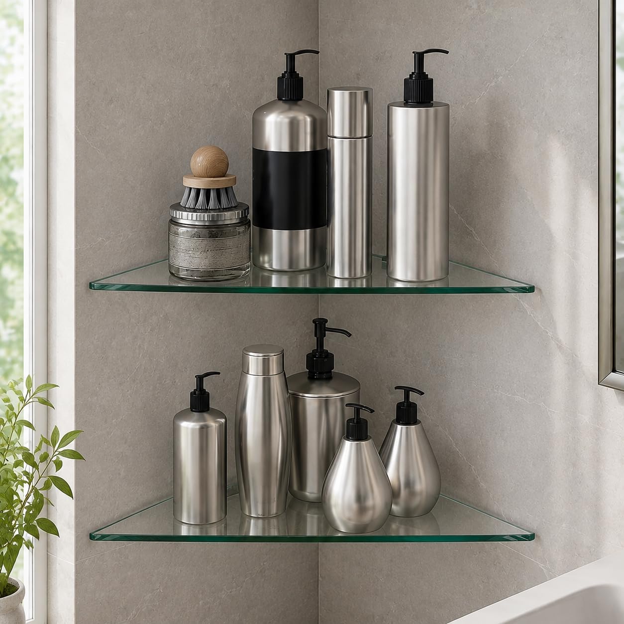 Estantes de vidrio para pared, estante de ducha de esquina para baño, estante de exhibición de vidrio templado con soporte cromado de acero inoxidable para cocina, sala de estar, ducha, baño