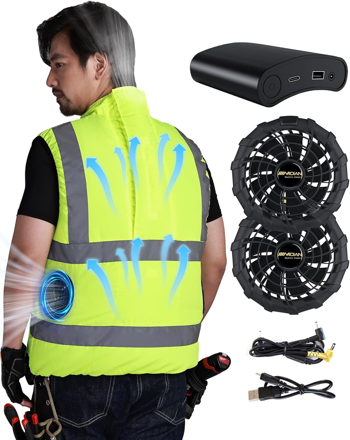 MIDIAN Cooling Safety Vest with 16000mAh Battery Air Conditioned Vest Jacket Reflective Stripe Work Clothes for Men Women