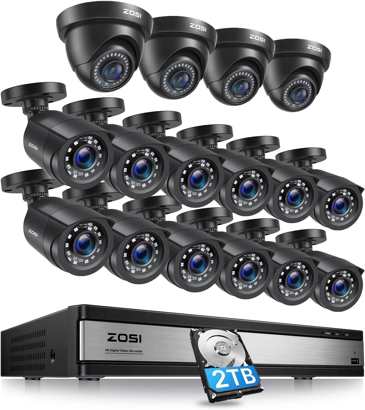 ZOSI 3K Lite 16 Channel Security Camera System with 16 Total Cameras (12 Wired + 4 Dome) | AI Human & Vehicle Detection, Night Vision, 2MP 1080P HD Weatherproof Outdoor/Indoor.