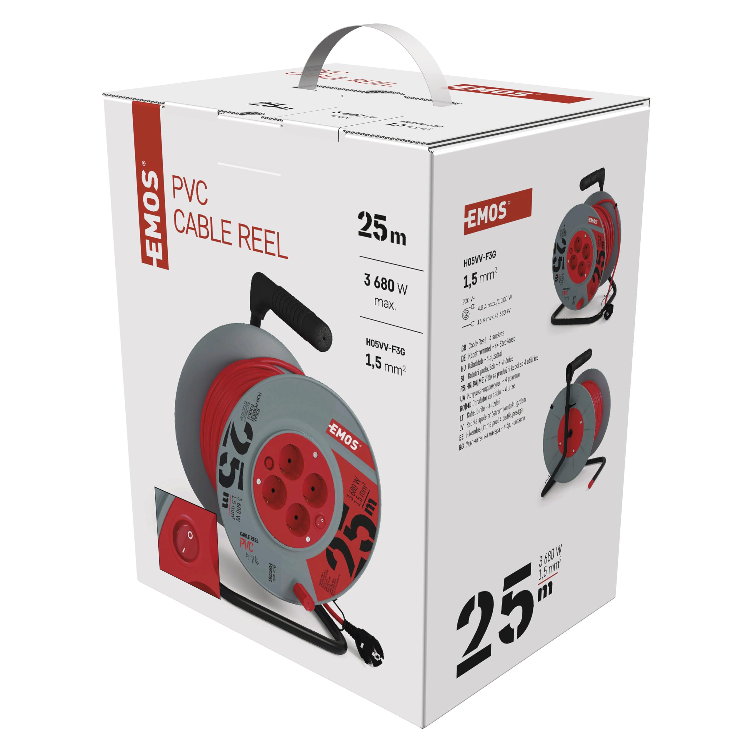 EMOS - Avvolgicavo 40 m in lamiera d'acciaio - 4 prese Schuko - impermeabile, resistente agli urti, all'olio e agli agenti atmosferici - 230 V, 16 A, 3680 W - isolamento in