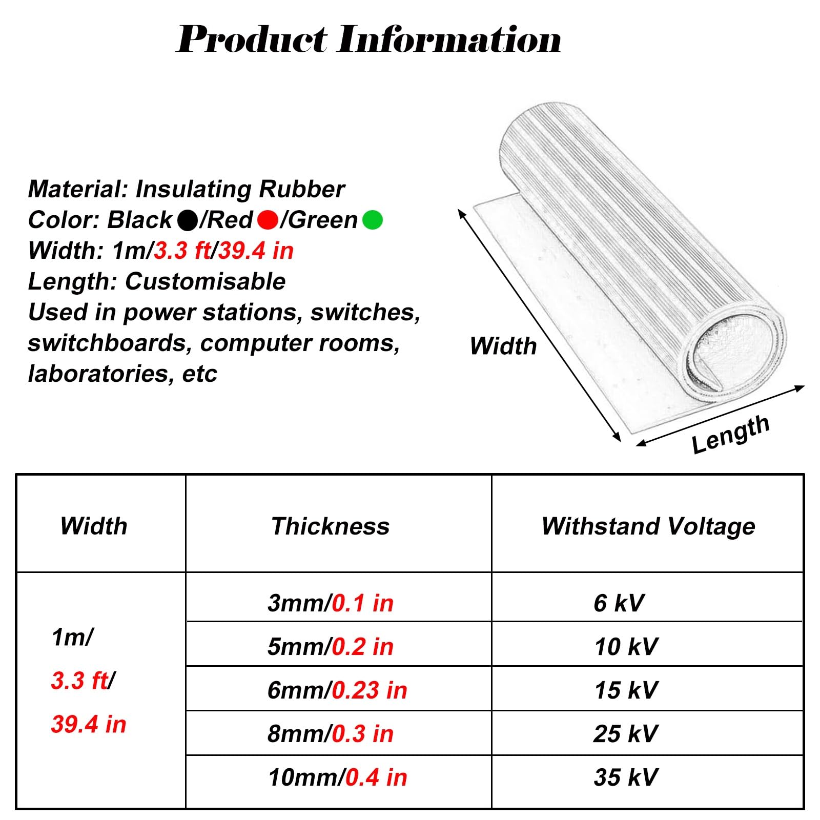 High Voltage Insulated Rubber Mat, 0.1 0.2 0.3 0.4 in Thickness Rubber Insulation Pad Waterproof Non-Slip, Electrical Insulation Mats for Lab/ Power Station(Black,LxWxT 26'X 3 1/5' X 1/10)
