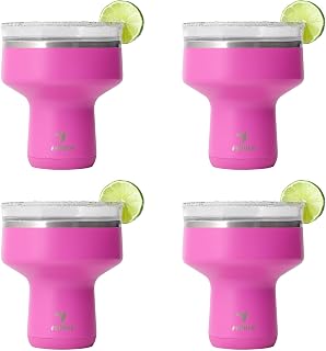 REDUCE Saltini 16oz Margarita Tumbler - Insulated Cocktail Glass - 4 Pack | 360 sippable martini glass alternative keeps drinks cold for 10 hr,Sunset Fuchsia,saltable splash-proof lid, cocktail tumbler