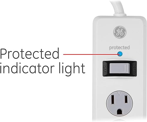 Miniatura 6 de GE - Paquete de 2protectores de sobretensión de 6tomas, extensión de 3pies, 800julios, enchufe plano, tapas de seguridad de cierre por torsión, luz
