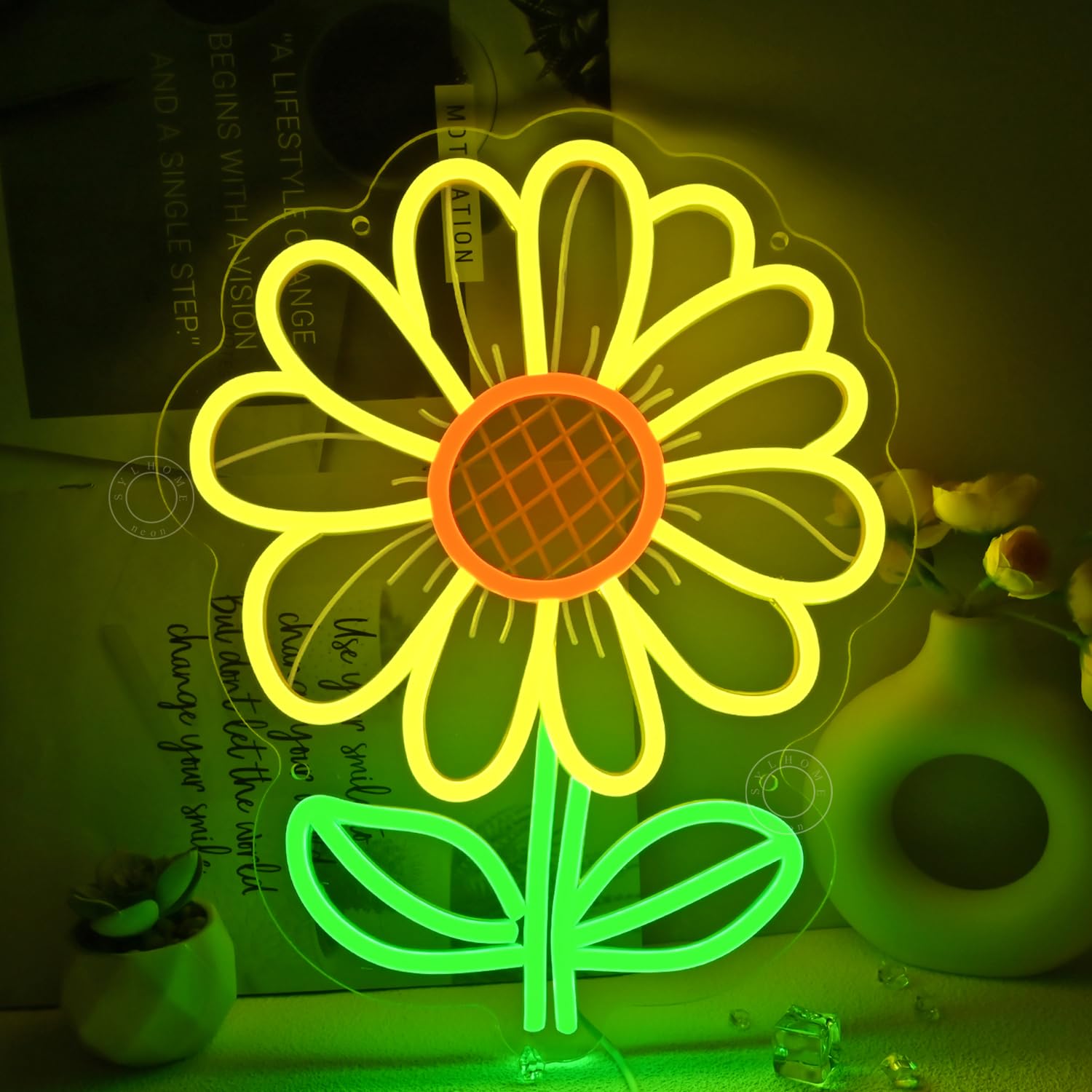 SYLHOME Letrero de luz LED de neón con diseño de girasol, para dormitorio, sala de estar, habitación de niños, aula, decoración de pared, sala de juegos, cumpleaños, Navidad, fiesta, regalos, 13.7 x