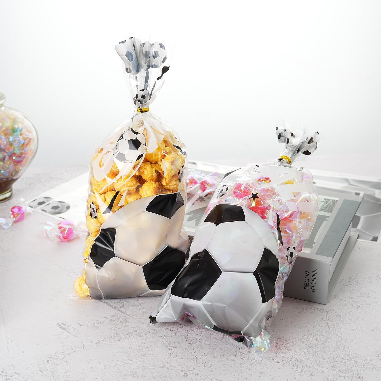 ZYLOP Soccer Cellophane Treat Bags, 50 Pack 5.2 x 10.6 Inch Clear Soccer Goodie Bags with 60 Twist Ties, Goal Design Candy Cookie Snack Bag for 2026 Game Day, Birthday, Team & School Events