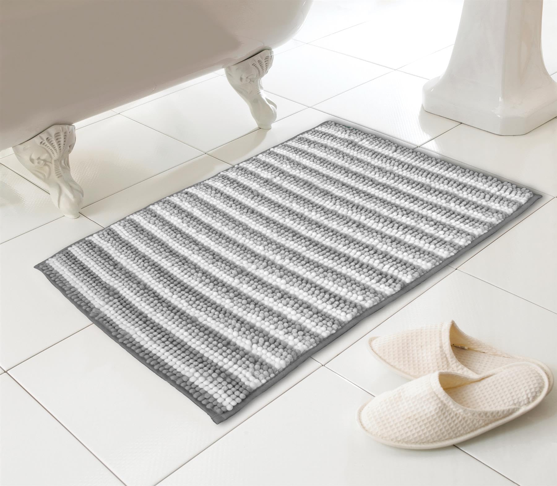 Kampala Hill Chenille Loop Striped Bath Mat Non Slip Absorbent Grey 46x76cm