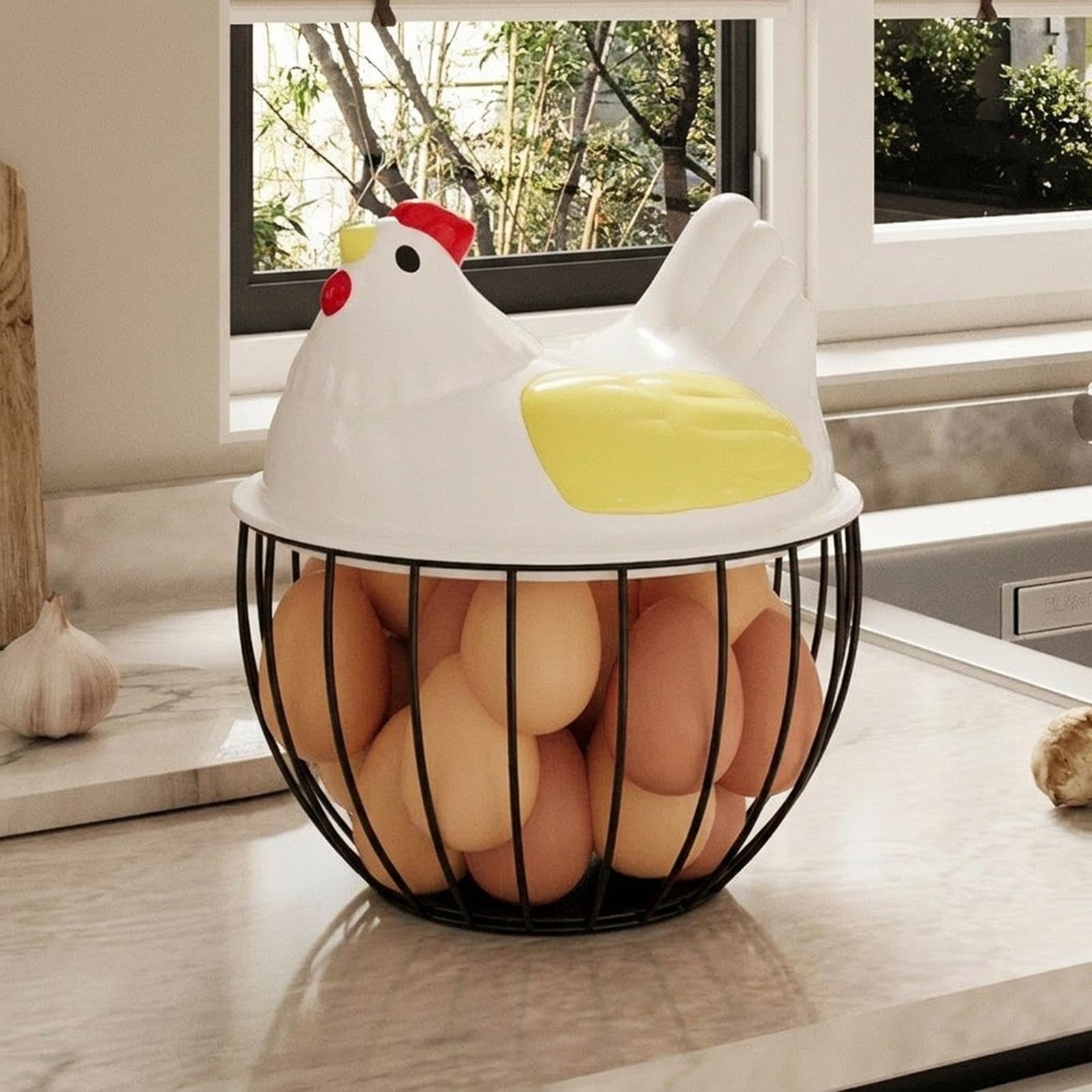Colcolo Canasta de Huevo de Metálica Recipiente de Almacenamiento de Huevos Frutero Rural con Diseño de Malla de Hierro y PP Adecuada para Cocina, Tapa Amarilla, Individual