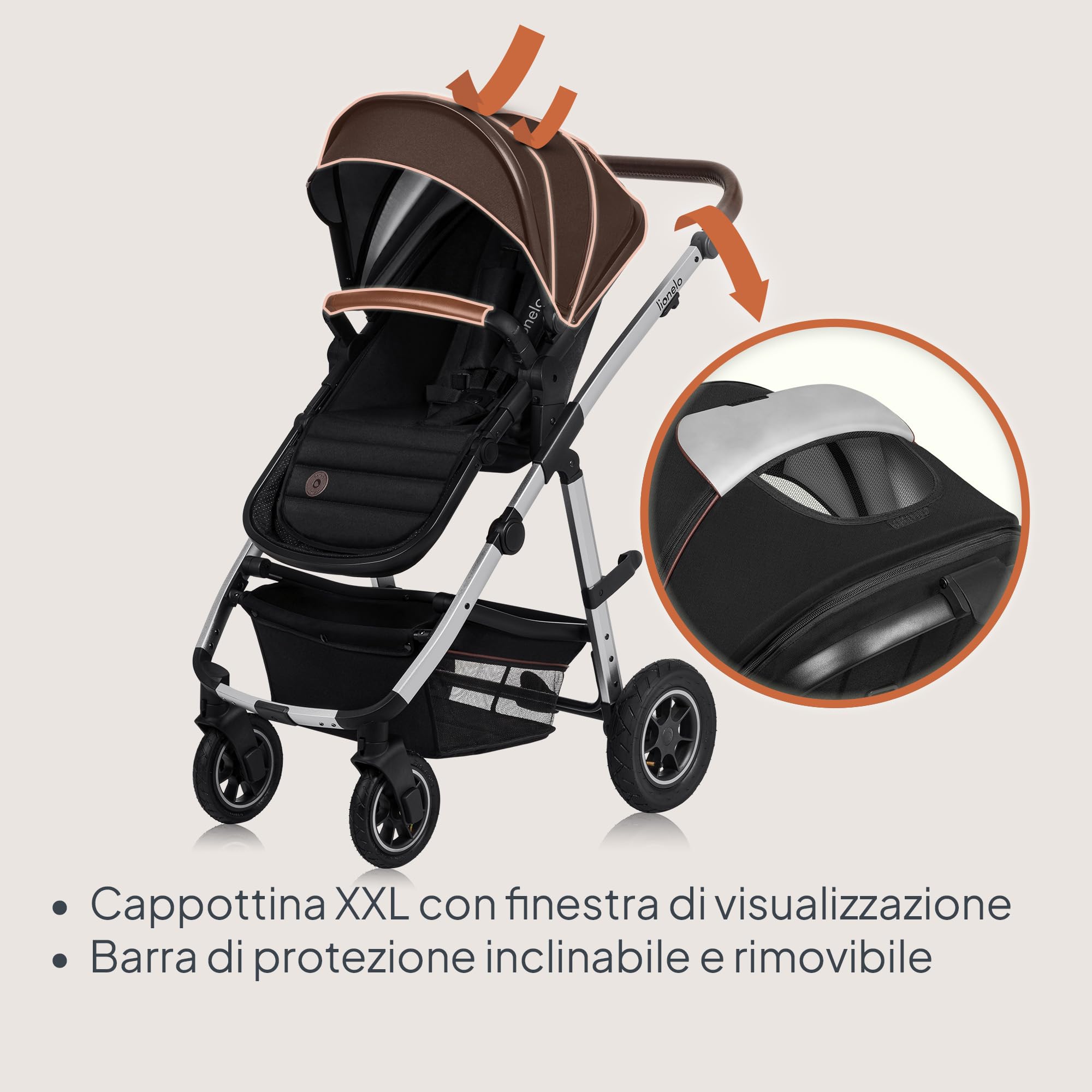 LIONELO Amber Passeggino Trio 3 in 1 da 0 a 48 Mesi fino a 22 kg | Set Passeggino + Navicella + Ovetto per Neonati e Bambini, Regolabile e Pieghevole, Ruote Grandi, Cappottina XXL