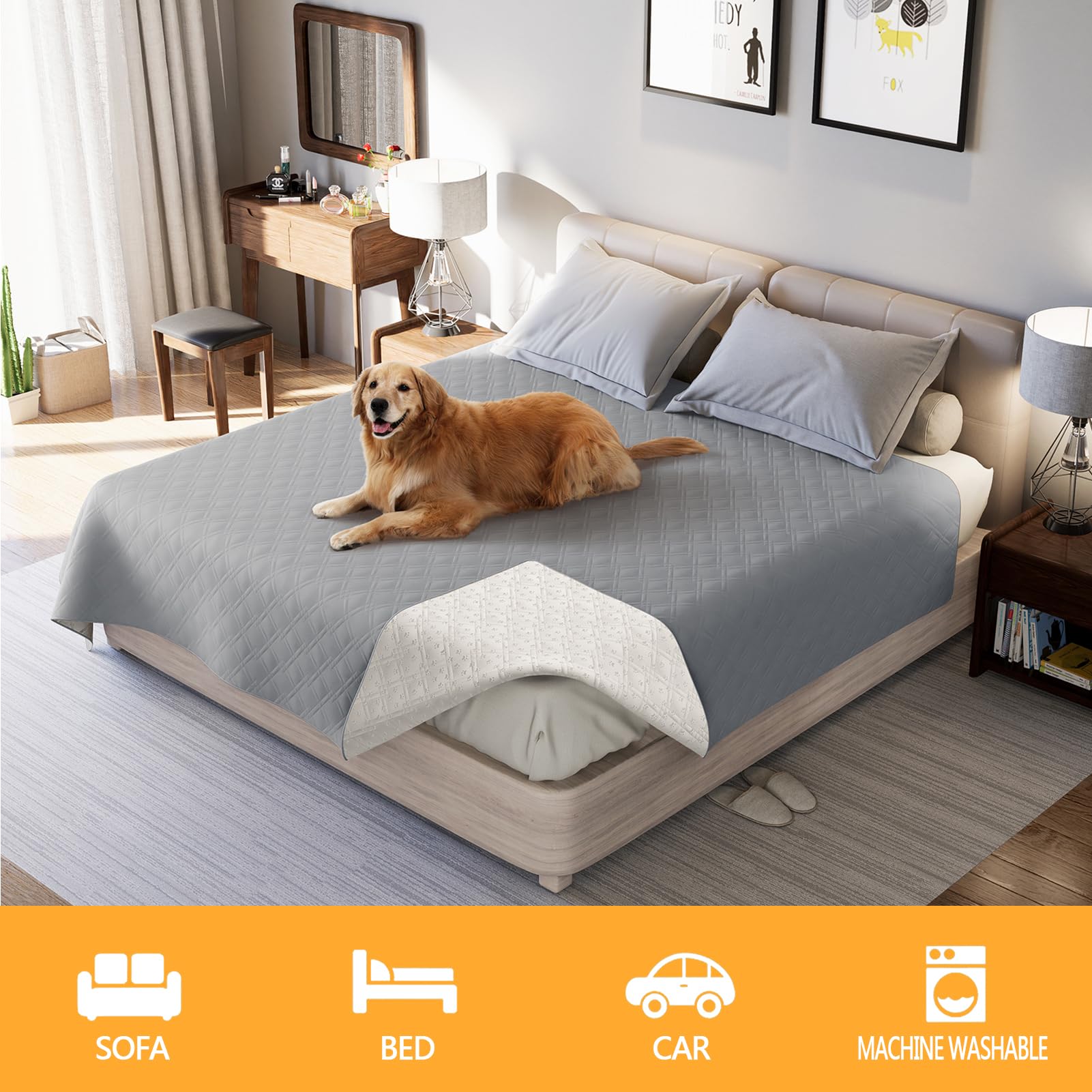 Manta Impermeable Perro, Funda De Sofá Grande Antideslizante, Protectores De Colchón para Incontinencia, para Coche, Mascotas, Perros Y Gatos (96x82in,Light Grey)