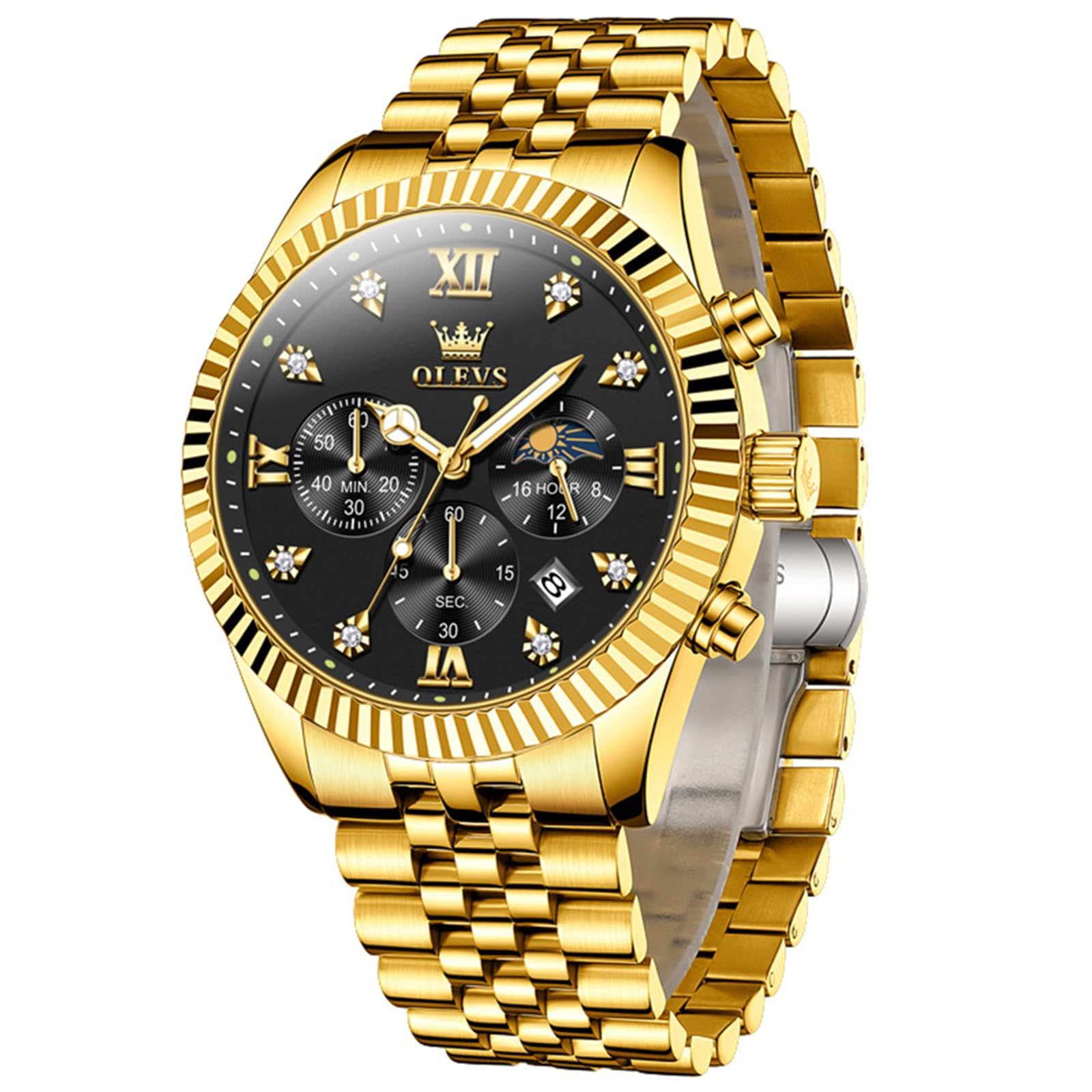 OLEVS Edelstahl Armbanduhr Herren Wasserdicht, Modern Groß Uhr Herren mit Datum, Quarz Analog Leuchtziffern Herrenuhren mit Metallarmband Geschenke für MännerGeschenke