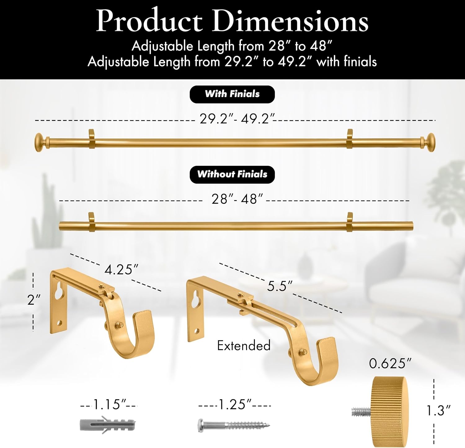 Meriville 1-Inch Diameter Nathan End Cap Single Window Treatment Curtain Rod, 28-Inch to 48-Inch, Royal Gold