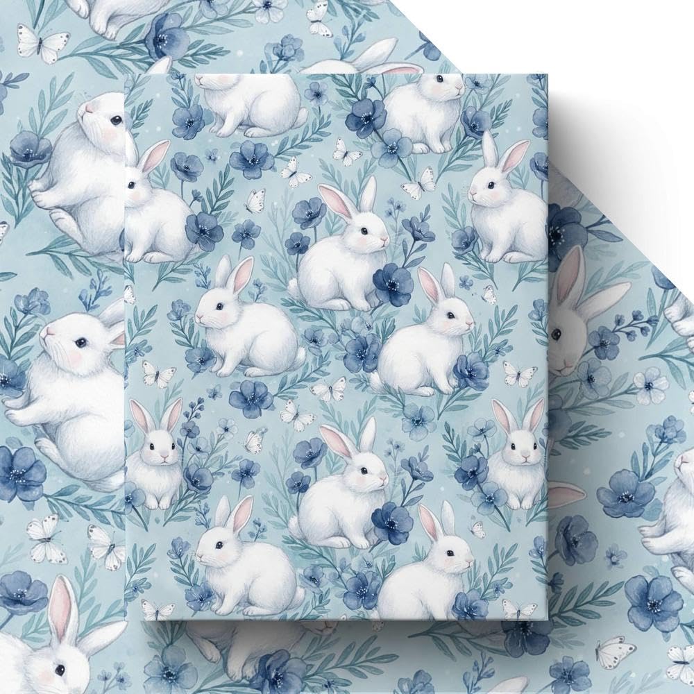 GleeWrap 4 Sheets Bunny Wrapping Paper, Rabbit & Blue Floral Design Gift Wrap for Women Girls Birthday Baby Shower Wedding Party Celebrations,50 * 70cm