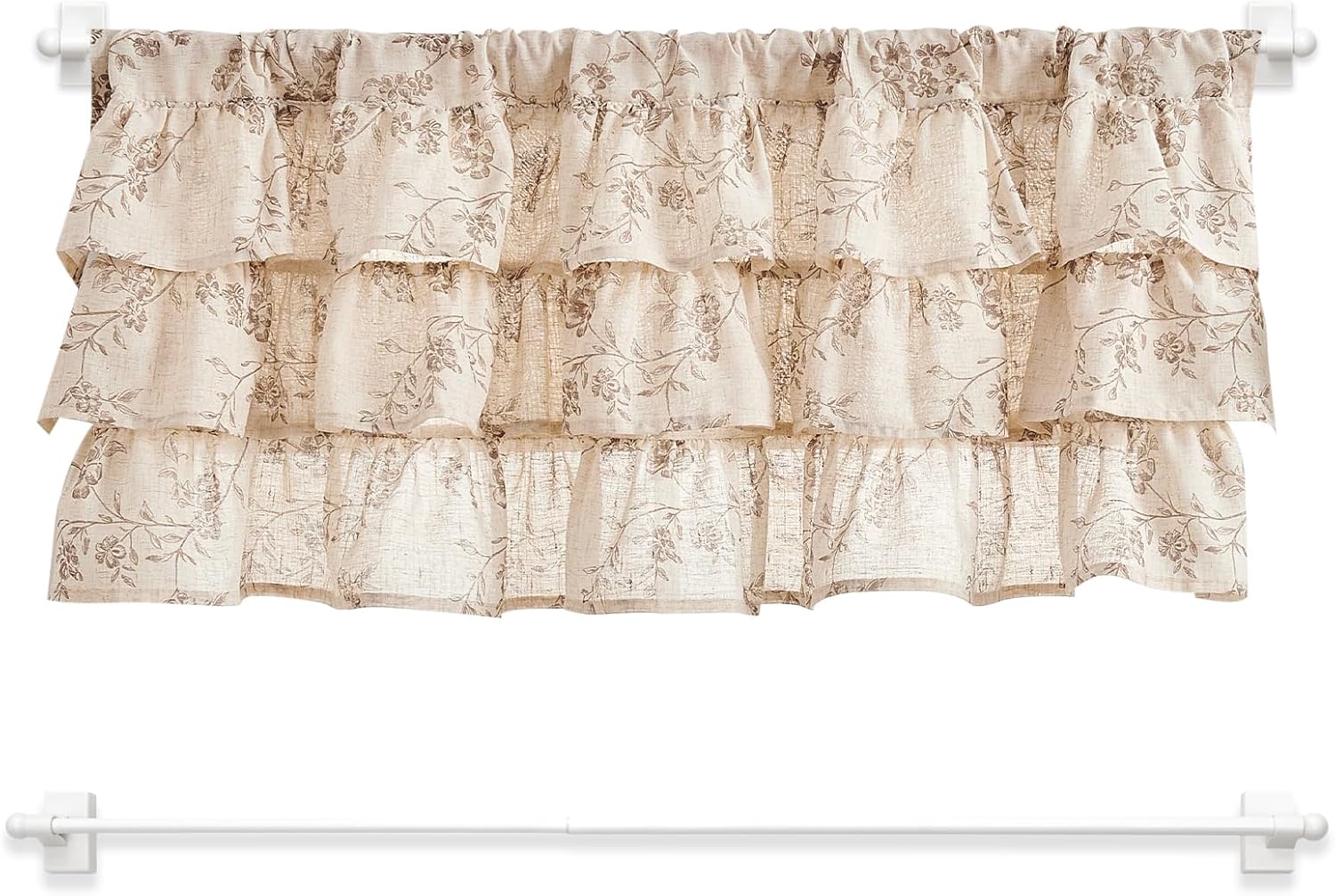 jinchan Linen Floral Ruffled Valance & 2 Magnetic Rods Bundle, Taupe/White