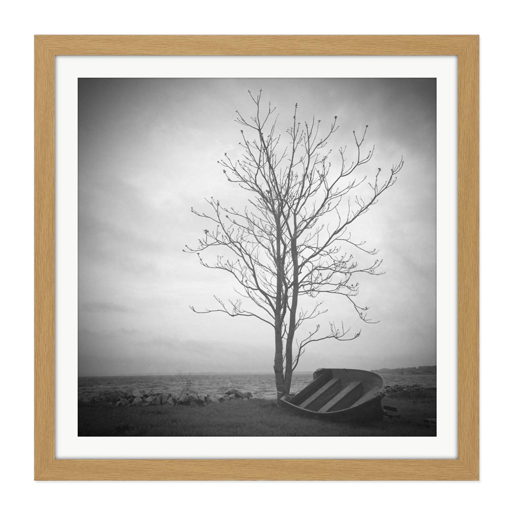 Artery8 Lone Tree Silhouette Greyscale Photo Square Wooden Framed Wall Art Print Picture 16X16 Inch