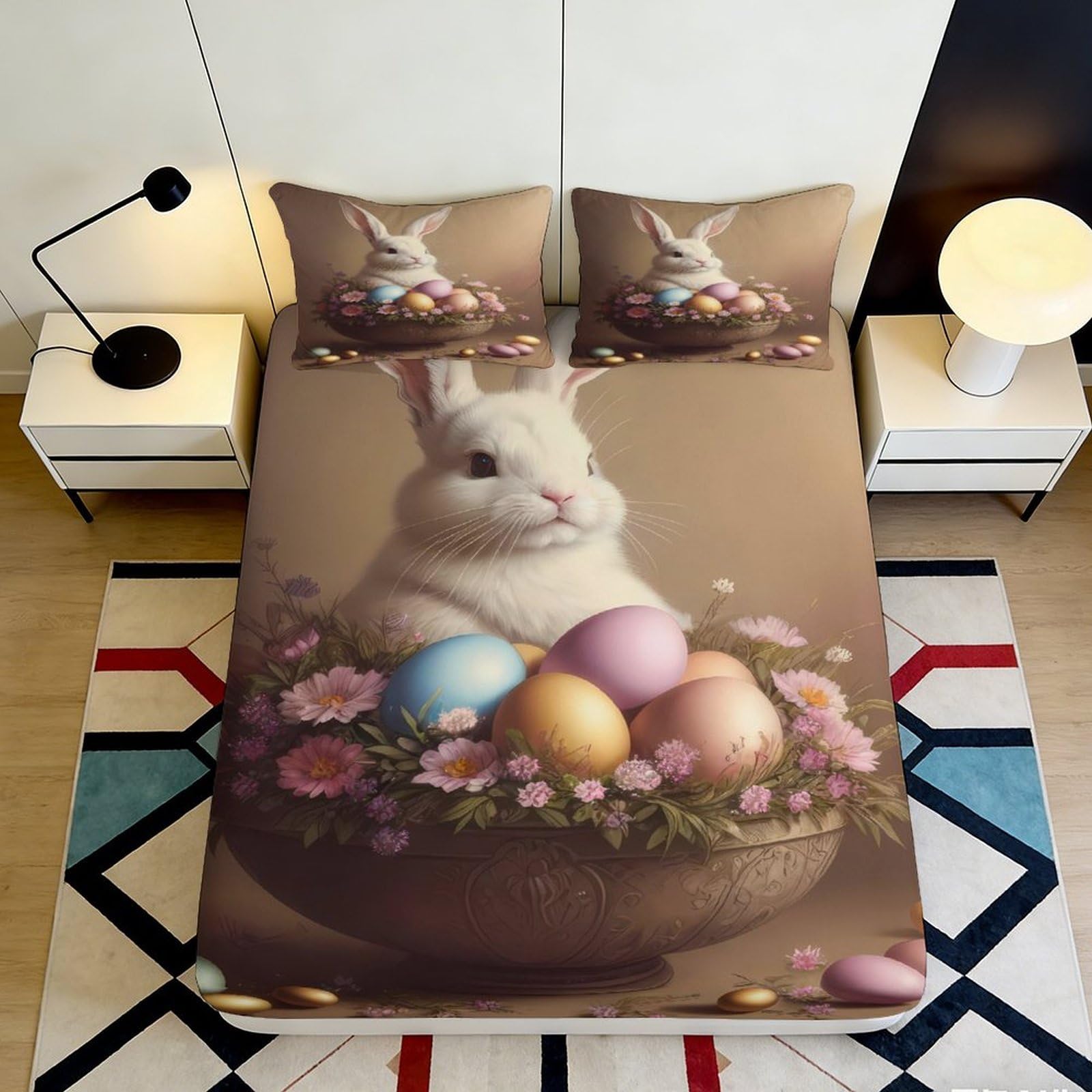3D Printed Easter Bunny Fitted Sheet Microfiber Pastel Egg Floral Mattress Cover for Bedroom Decor Protection 90x200x25cm