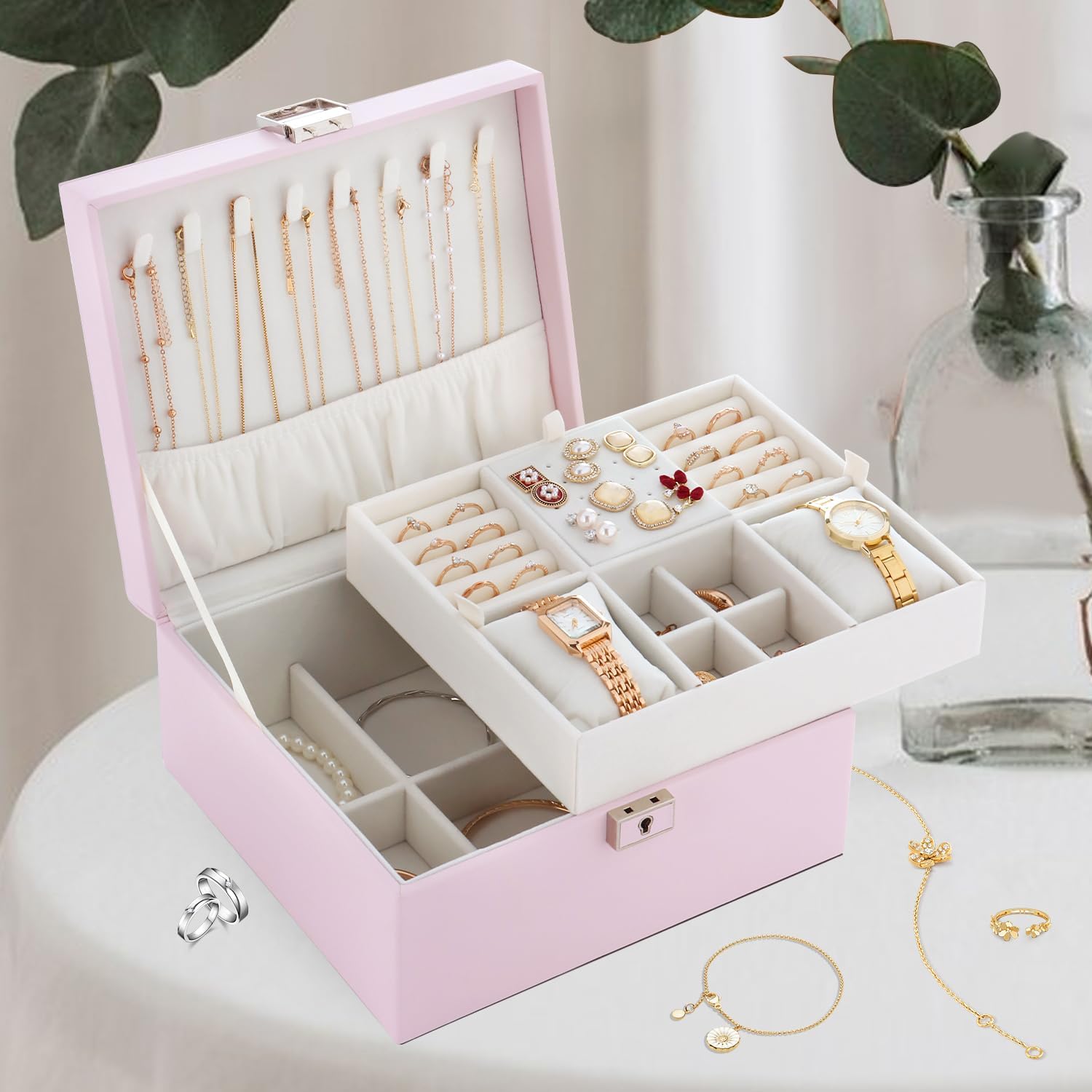 Jewelry Organizer Box for Girls Women,Large Genuine Leather Jewelry Organizers and Storage with Earring Holder Organizer Removable Velvet Jewelry Tray,Christmas Gifts Jewelry Box for Girls 8-12,Pink