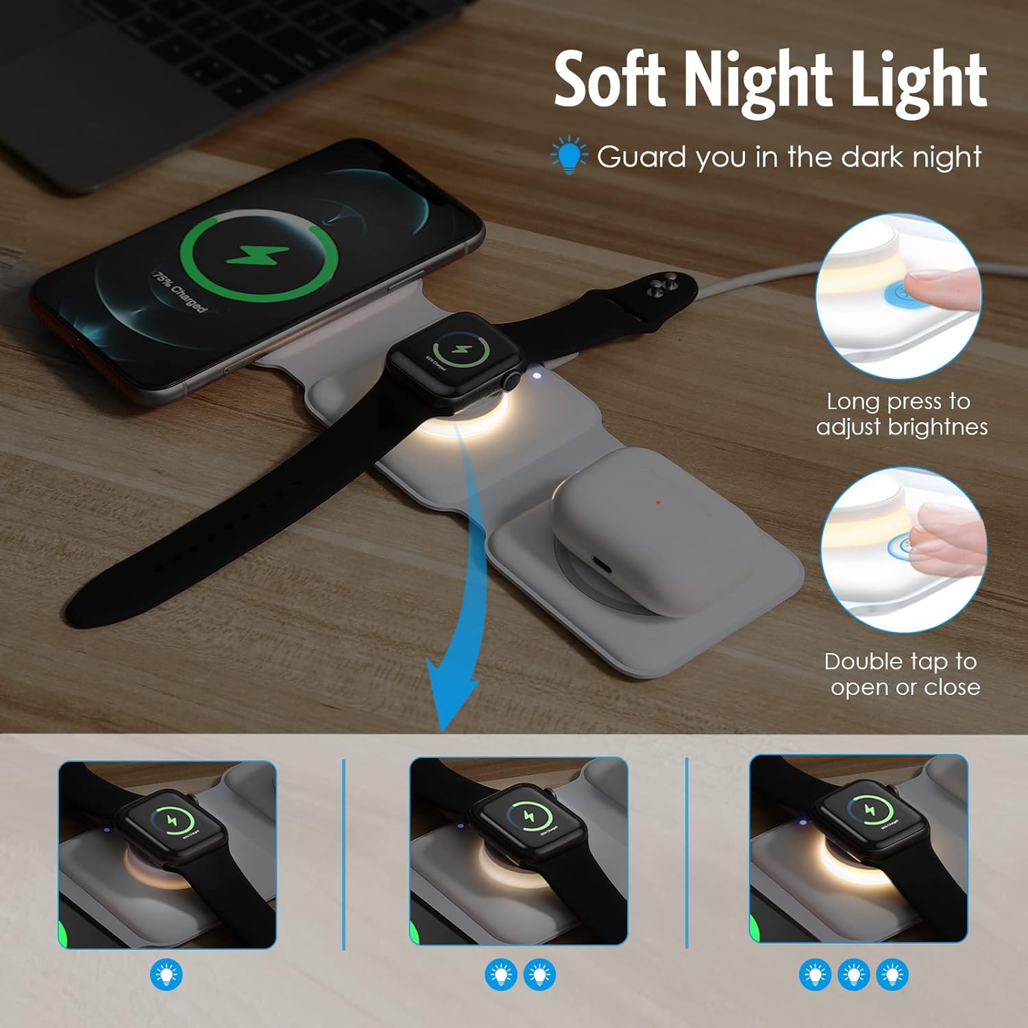 【𝐔𝐩𝐠𝐫𝐚𝐝𝐞𝐝 𝑽𝒆𝒓𝒔𝒊𝒐𝒏】 Criacr 3 in 1 Foldable Wireless Charger, Magnetic Fast Wireless Charging Pad, Compatible with iPhone 15/14/13/12, Apple Watch, AirPods Pro