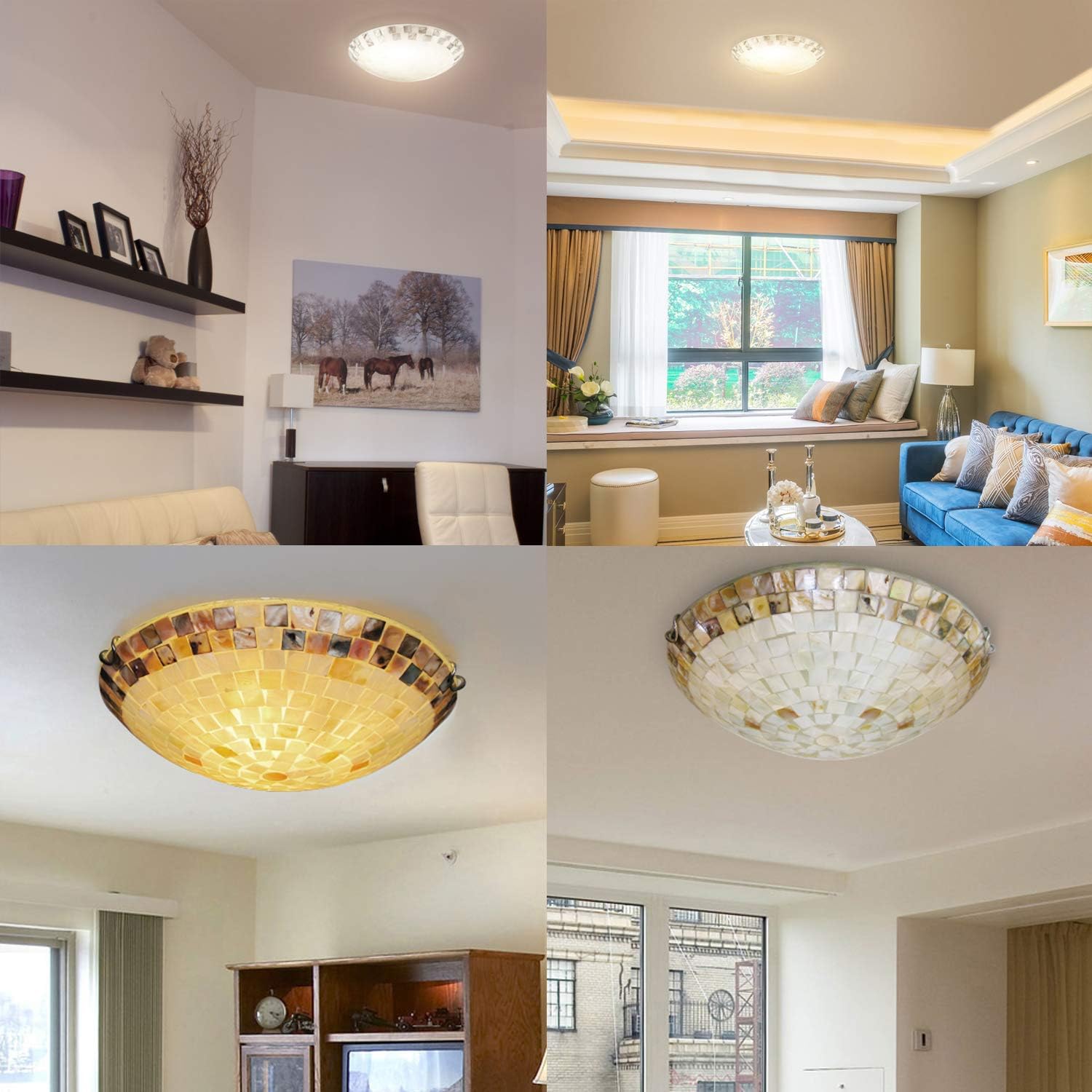 LITFAD 2 Bulbs Shell Shade Flush Mount Ceiling Lights Stain Glass Ceiling Lamp 1-Light Farmhouse Style Mosaic Pendant Light in Off-White for Bedroom Living Room Hotel Cafe