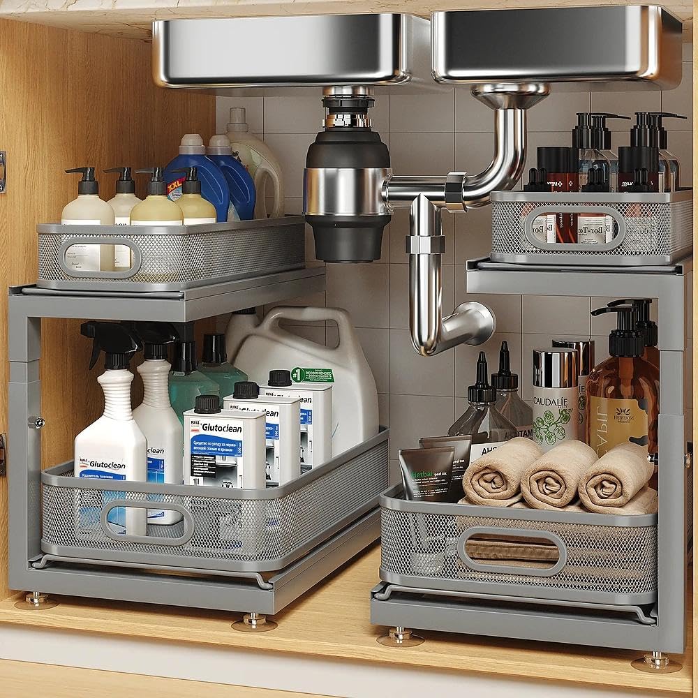 Photo 1 of 2-Pack Under Sink Storage Organizer with 2-Tier Slide Out Drawer, Sophisticated Mesh Pull Out Shelf for Kitchen & Bathroom, Fits Small Items, Upgraded Arched Track for Smooth Gliding-Gun Gray