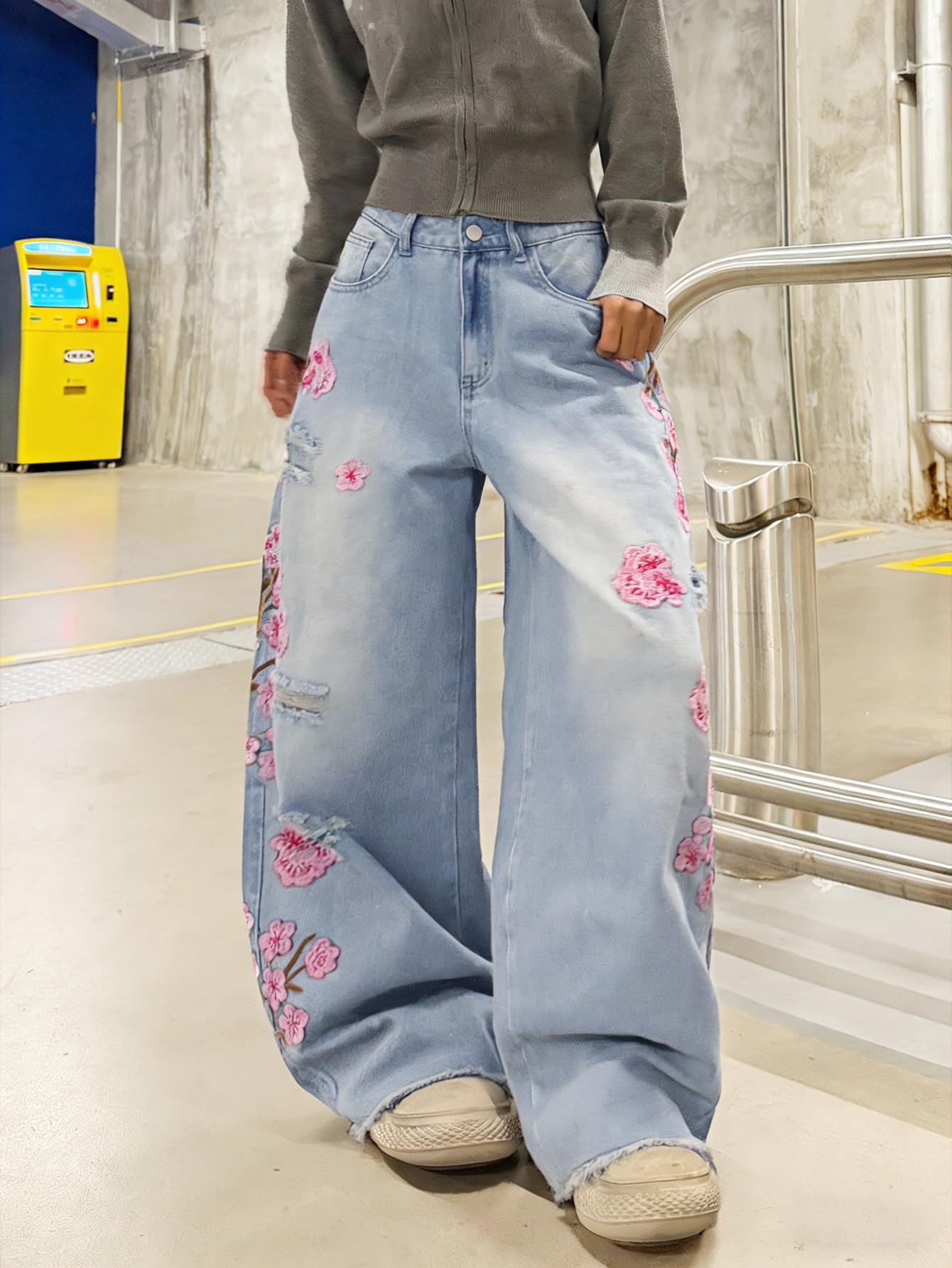 Jeans larghi da donna, ricamati, alla moda, stile hip hop, a gamba larga, alla moda, skater, vestibilità larga, streetwear
