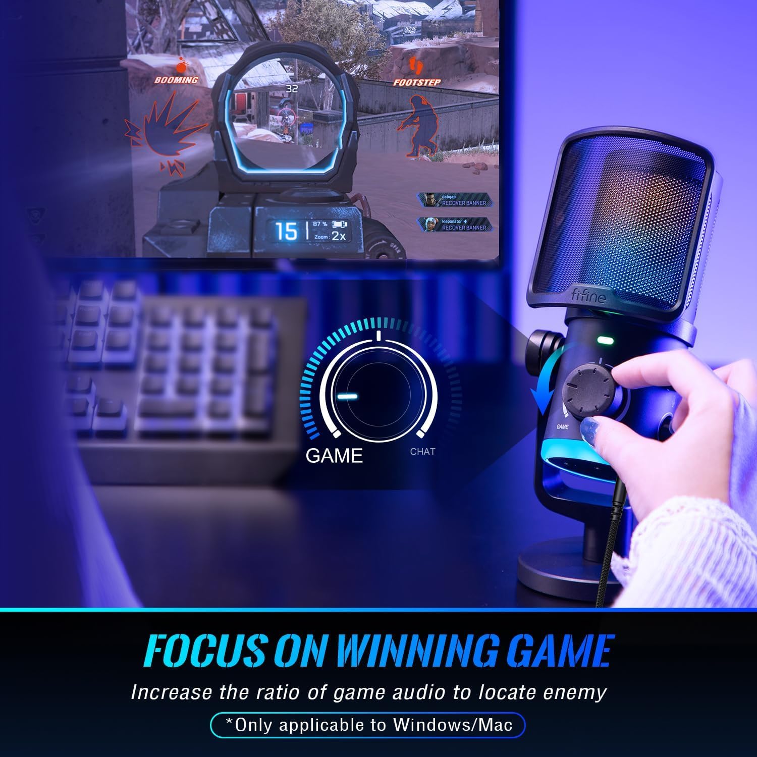 FIFINE AM6 AMPLIGAME - Microfono da gioco RGB, bilanciamento audio per giochi/chat, trasmissione USB e microfono di registrazione, microfono da scrivania per PC con cancellazione del rumore, per
