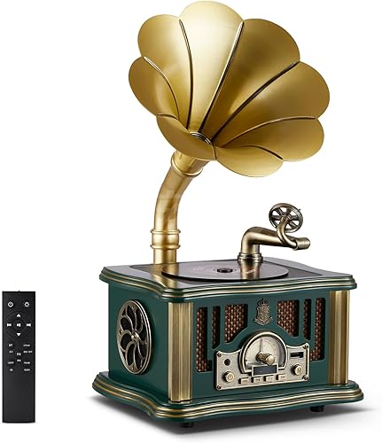 Reproductor de CD retro vintage estilo gramófono, reproductor de discos de gramófono Bluetooth 5.3 con control remoto de sonido de alta fidelidad,