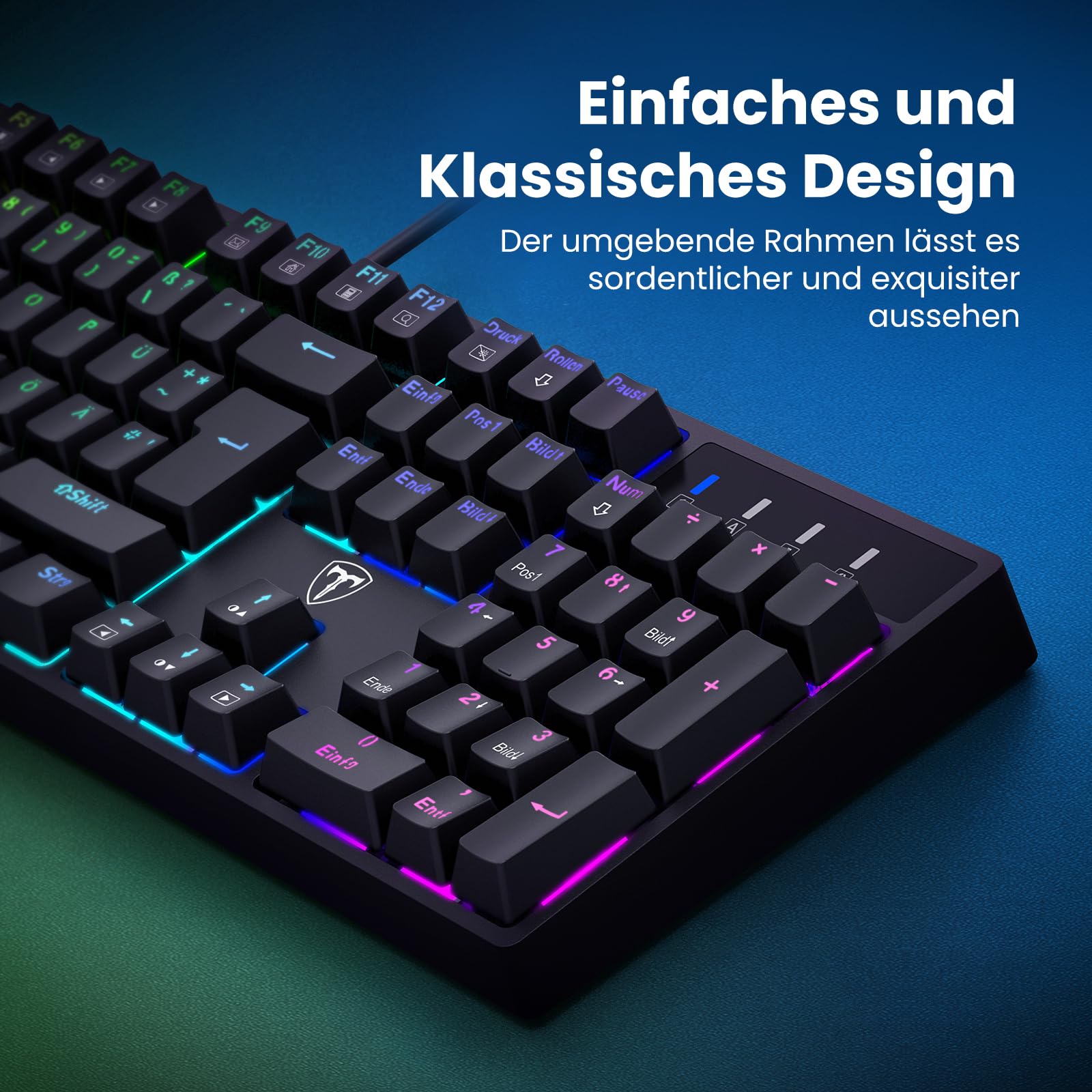 Mechanische Gaming Tastatur QWERTZ mit RGB-Beleuchtung (Blue Switches) - 104 Tasten USB-Kabelgebunden, 20 Beleuchtungsmodi, N-Key Rollover, Wasserdicht ——PC Tastatur Mit Kabel für Gamer (Schwarz)