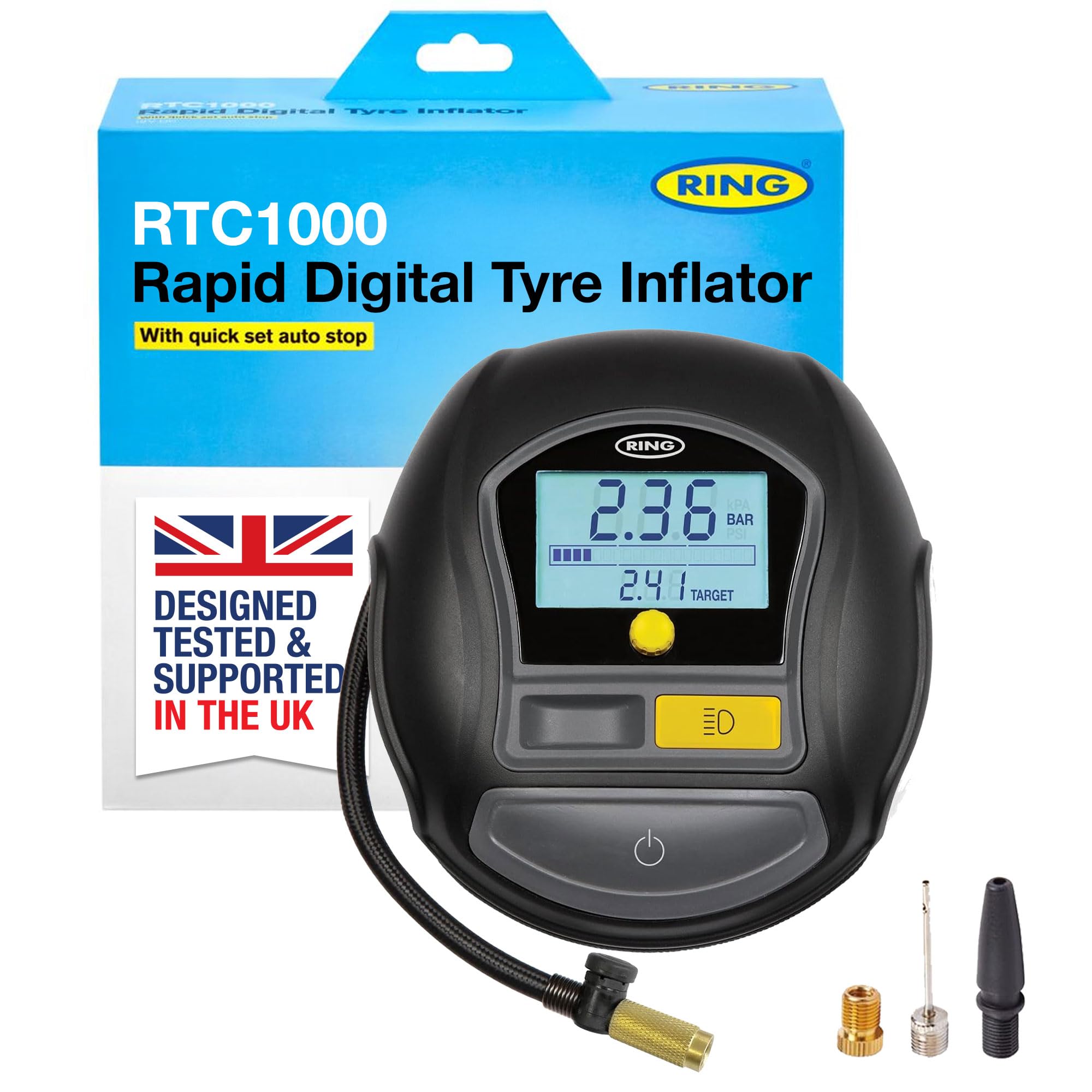Ring Automotive TYREINFLATE 1000 Rapid Digital Tyre Inflator With Three Adaptors - Measures in PSI, BAR & Kpa